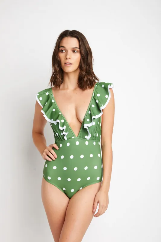 Marina West V-Neck Double Ruffled One Piece Swimsuit (F1807) - Olive Green White Dot made by Zulily
