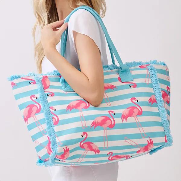 Flamingo Stripe Fringe Tote Blue sold by Zulily