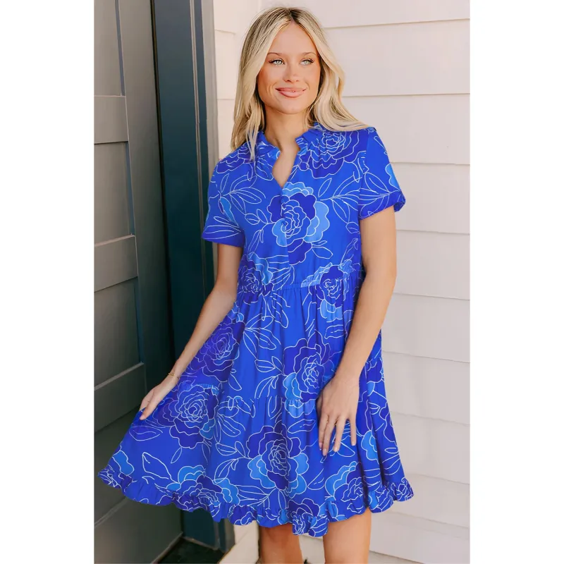Lola-Blue Floral Ruffled Hem V Neck Short Sleeve Flowy Mini Dress made by Zulily