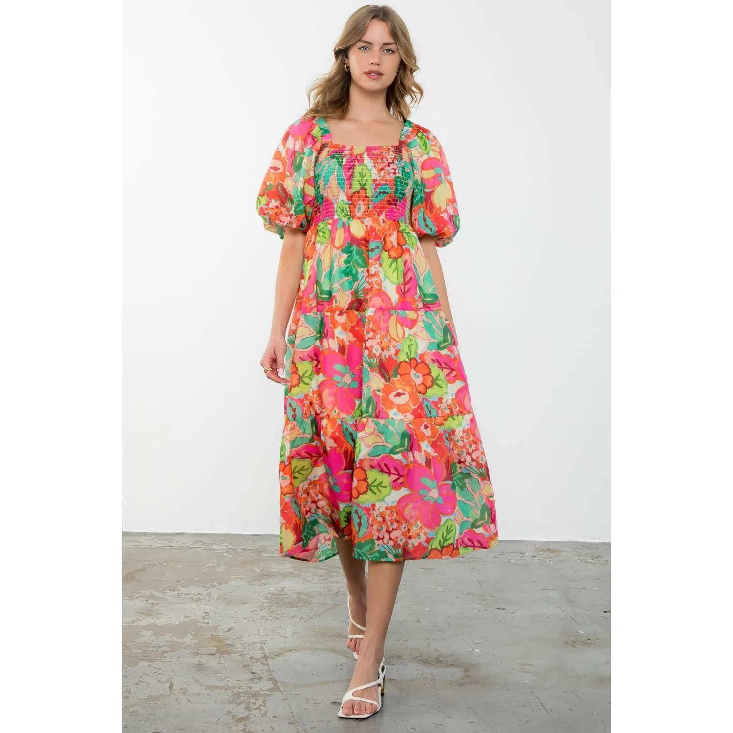 Massey - Puff Sleeve Floral Print Midi Dress sold by Zulily