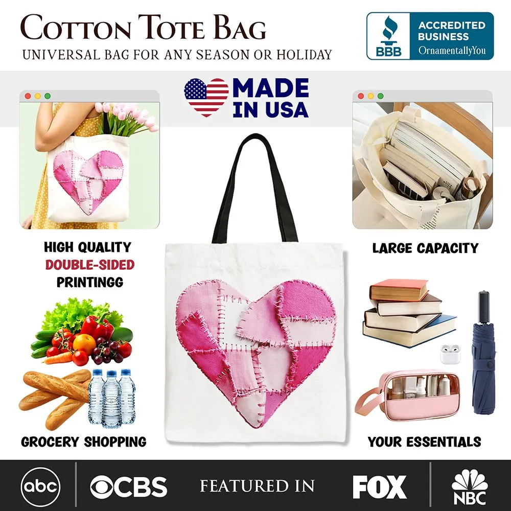 Patchwork-Style Pink Heart Canvas Tote Bag, Vintage Valentine Coquette Love Printed Gift Bag sold by Zulily product image thumbnail 2