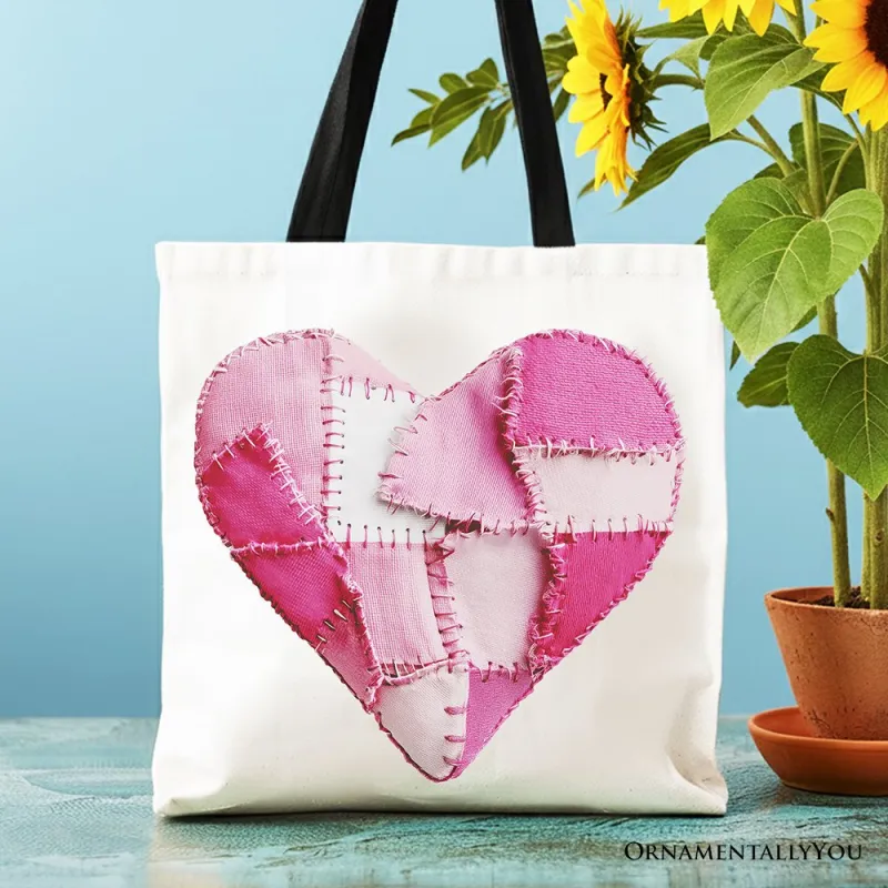 Patchwork-Style Pink Heart Canvas Tote Bag, Vintage Valentine Coquette Love Printed Gift Bag made by Zulily