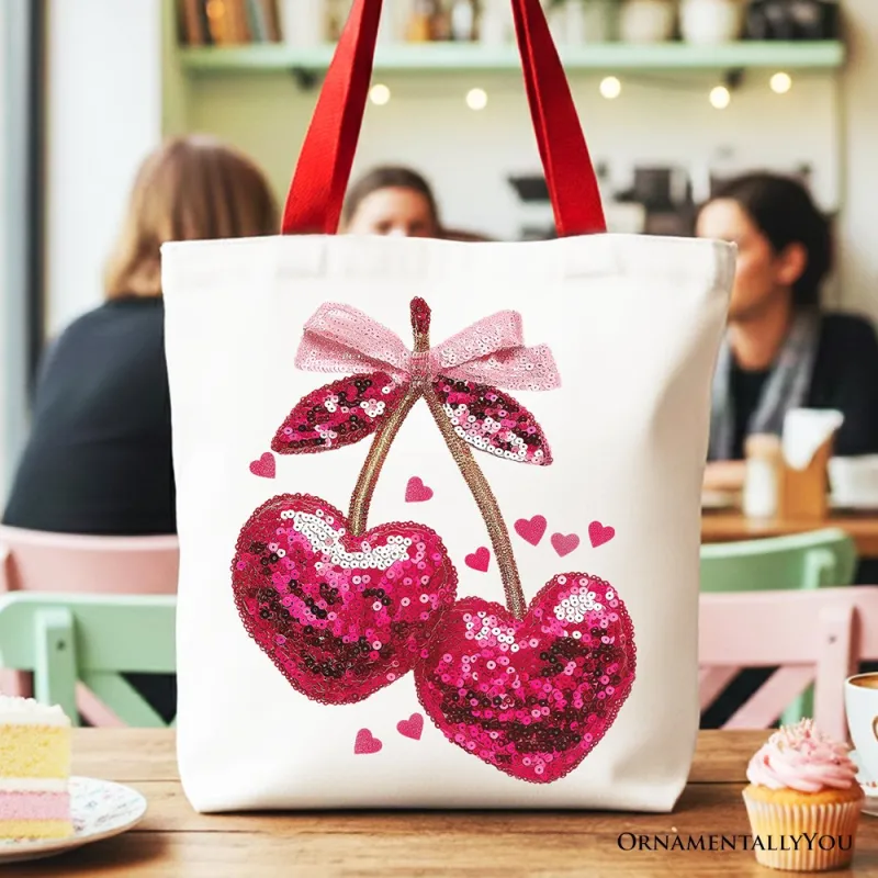Sequin Pink Cherry Heart Canvas Tote Bag, Valentine Coquette Trendy Women Gift made by Zulily