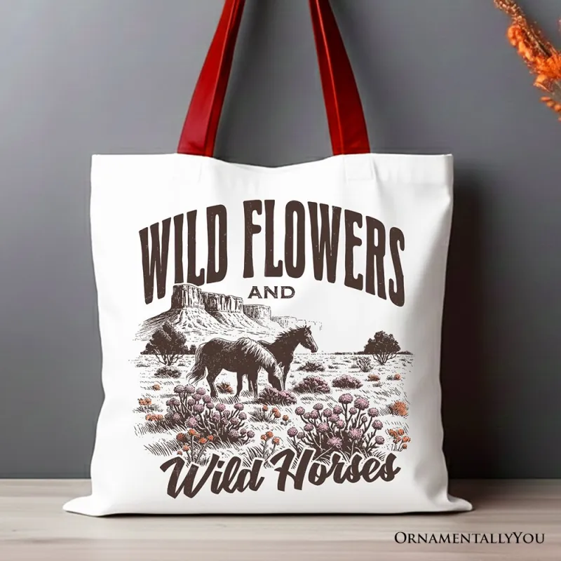 Wild Flowers and Wild Horses Canvas Tote Bag, Retro Western Gift for Free-Spirited Women made by Zulily