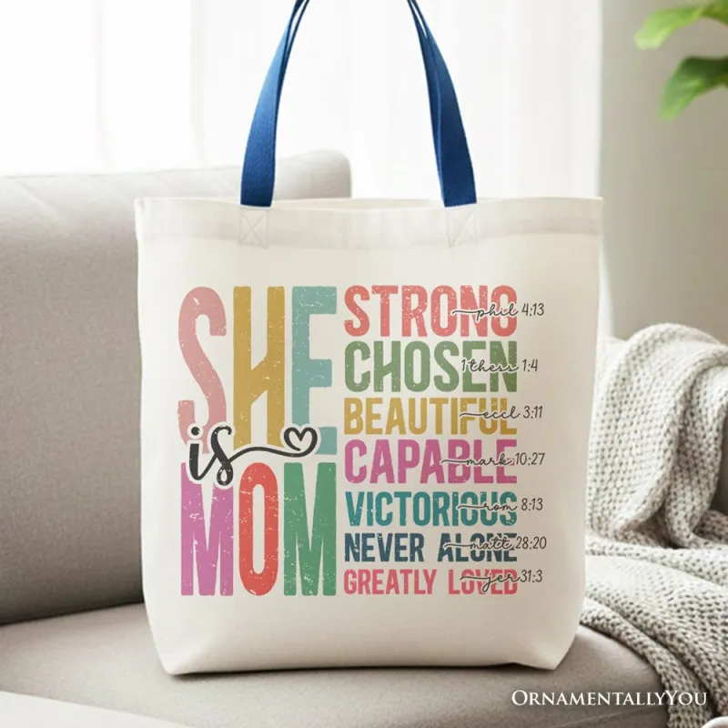 Inspirational Christian Mom Canvas Tote Bag, Affirmation Gift Shopper for Strong and Motivated Mothers made by Zulily