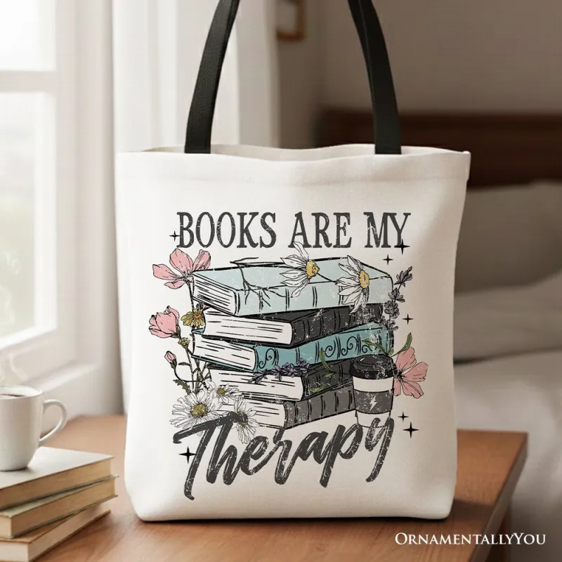Books Are My Therapy Floral Vintage Canvas Tote Bag, Reading Aesthetic Gift Shopper for Bookworms made by Zulily
