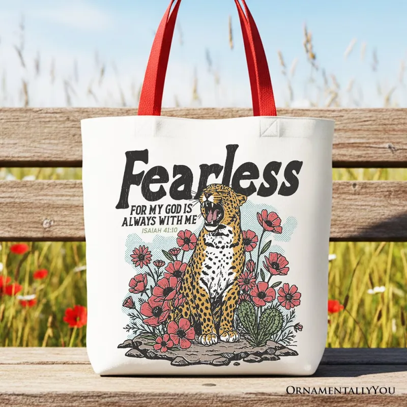 Vintage Floral Leopard Christian Canvas Tote Bag, Fearless For My God Is Always With Me Isaiah 41:10 Gift Shopper made by Zulily