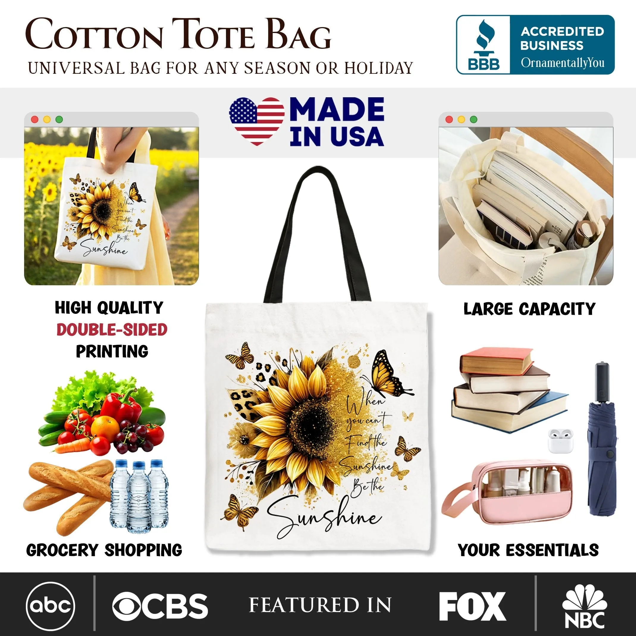 Sunflower Inspirational Quote Canvas Tote Bag, When You Can’t Find the Sunshine Be the Sunshine Gift Shopper sold by Zulily product image thumbnail 2