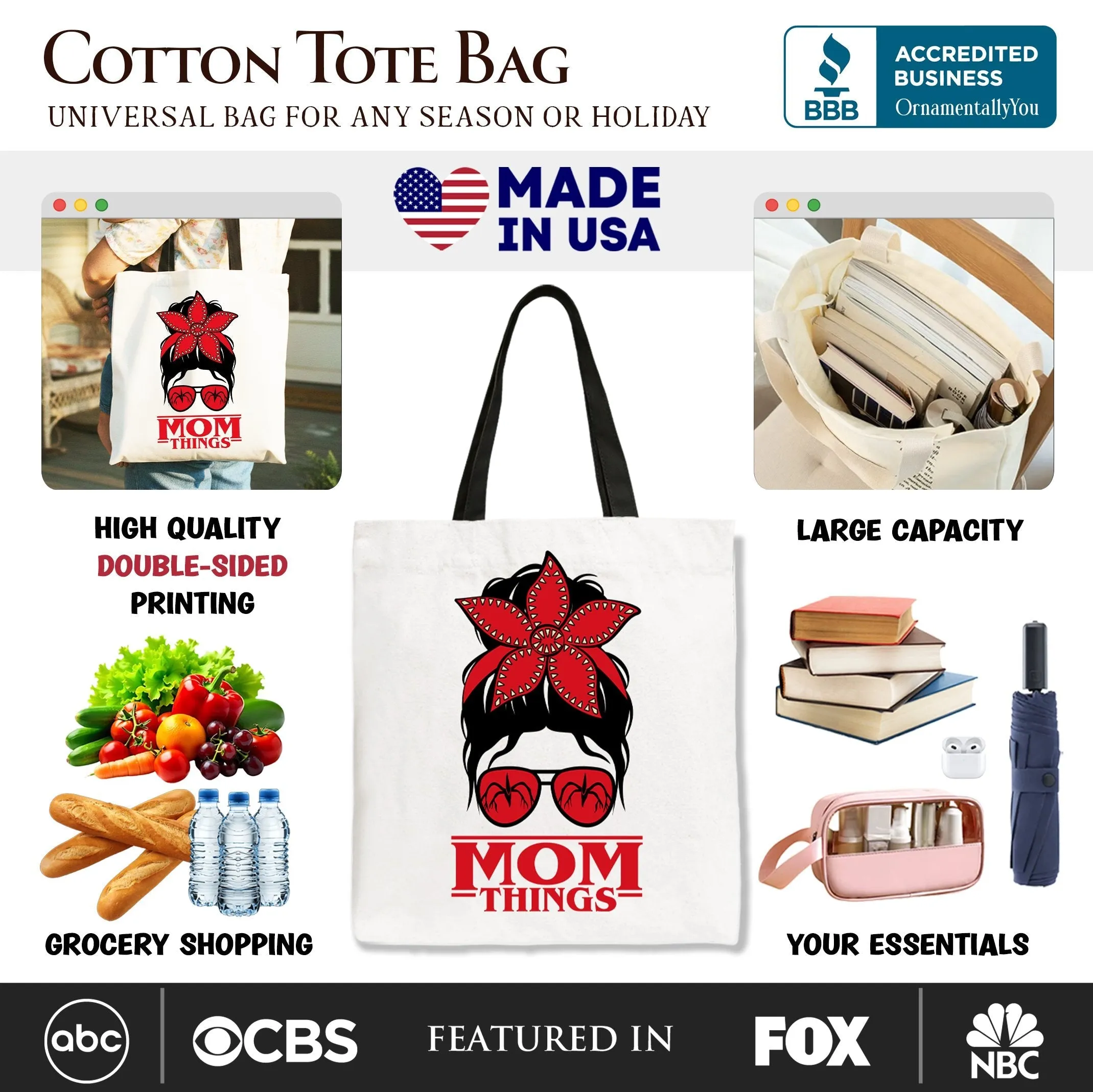 Mom Things Messy Bun Retro Canvas Tote Bag, Red Bandana Glasses Family Matching Gift Shopper sold by Zulily product image thumbnail 2