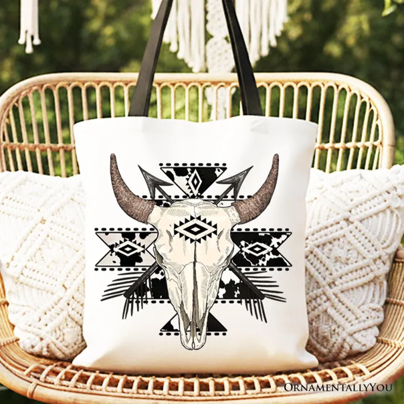 Aztec Tribal Bull Skull Canvas Tote Bag, Western Boho Gift Shopper made by Zulily