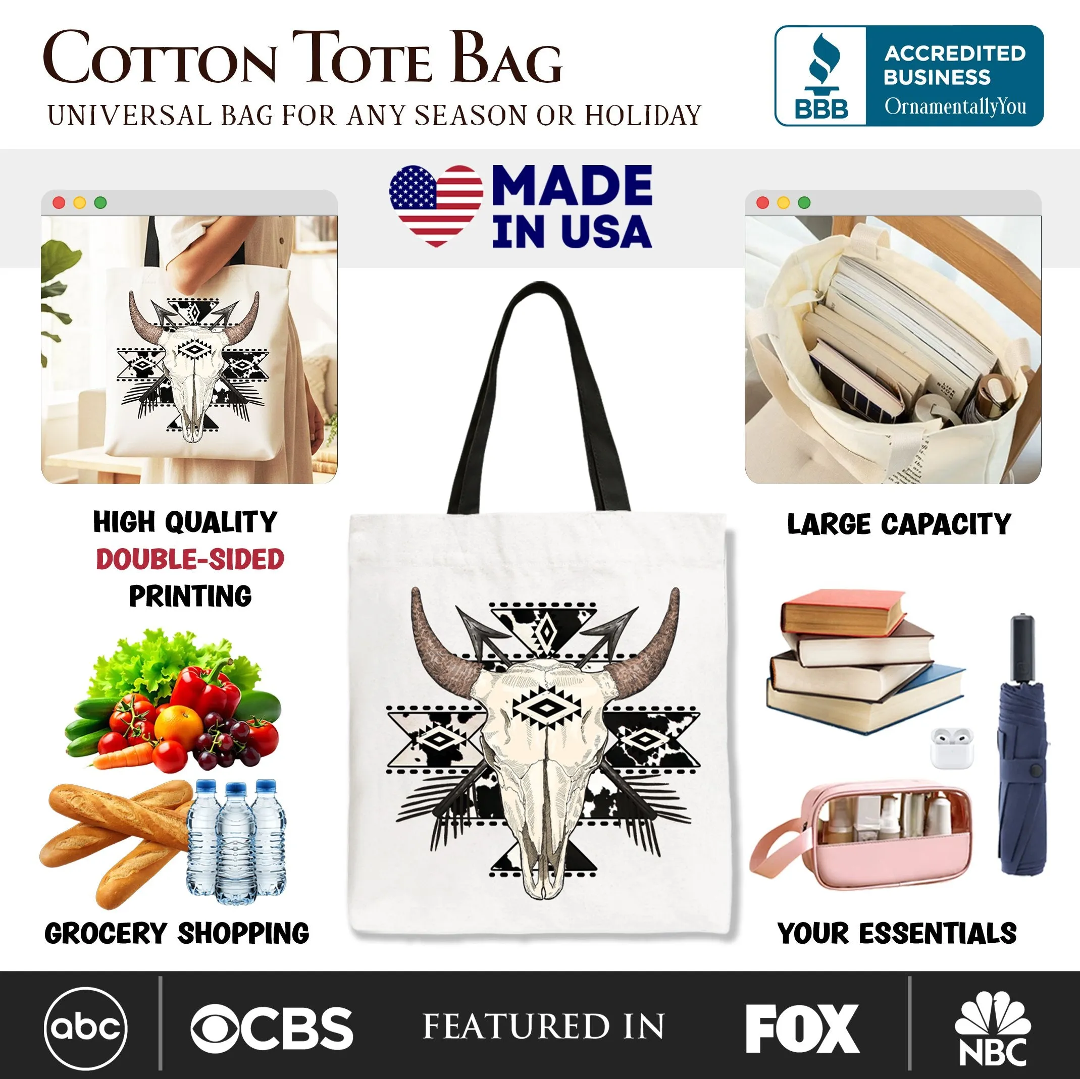 Aztec Tribal Bull Skull Canvas Tote Bag, Western Boho Gift Shopper sold by Zulily product image thumbnail 2