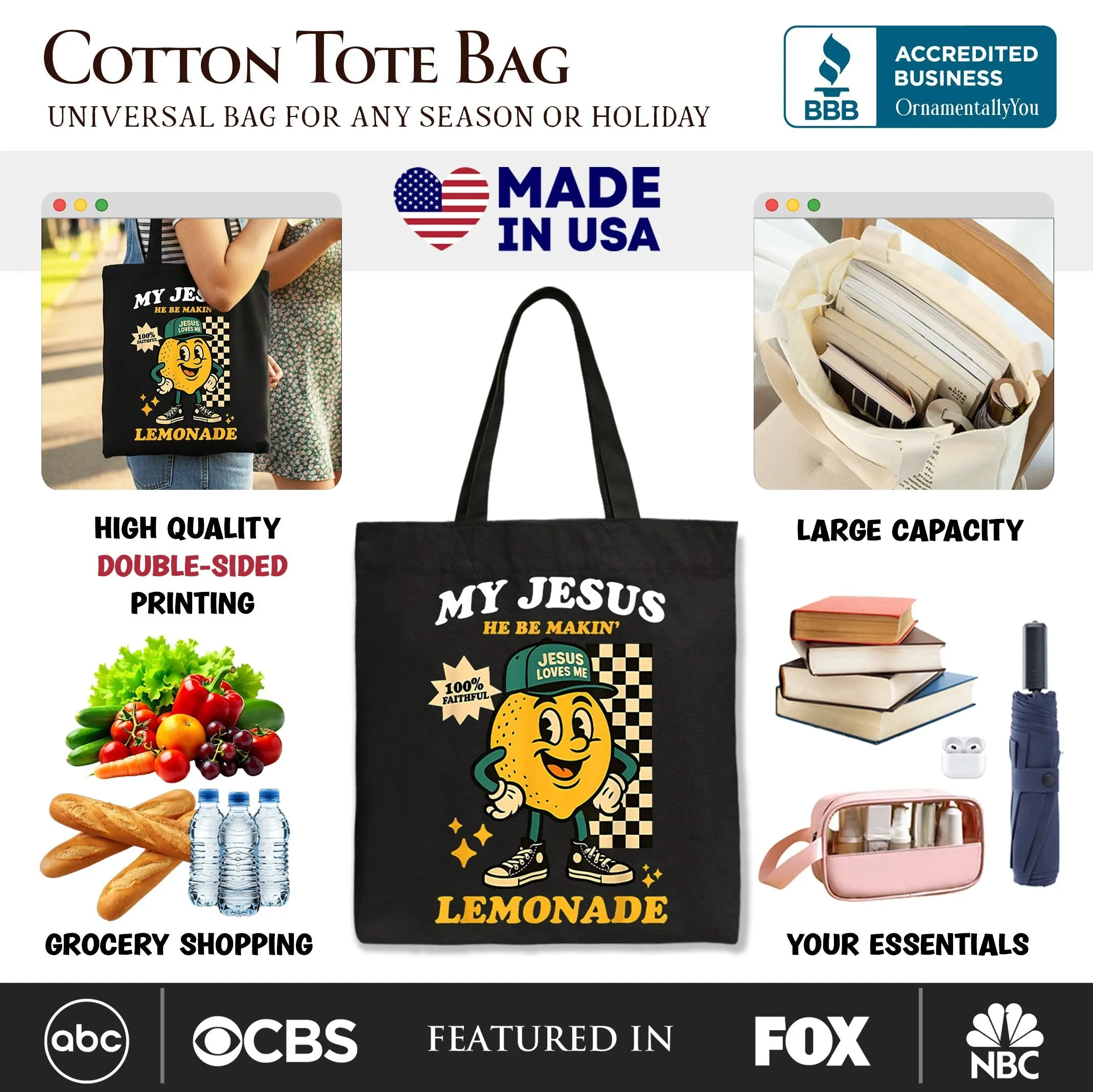 Life Gave Me Lemons Jesus Lemonade Tote Bag, Funny Christian Faith Retro Gift Shopper sold by Zulily product image thumbnail 2
