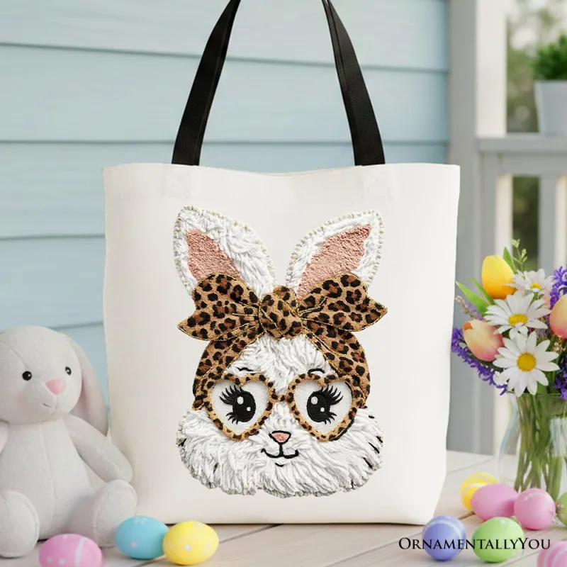 Easter Bunny Leopard Bow Tote Bag, Coquette Printed Faux Embroidery Girly Spring Gift Shopper made by Zulily