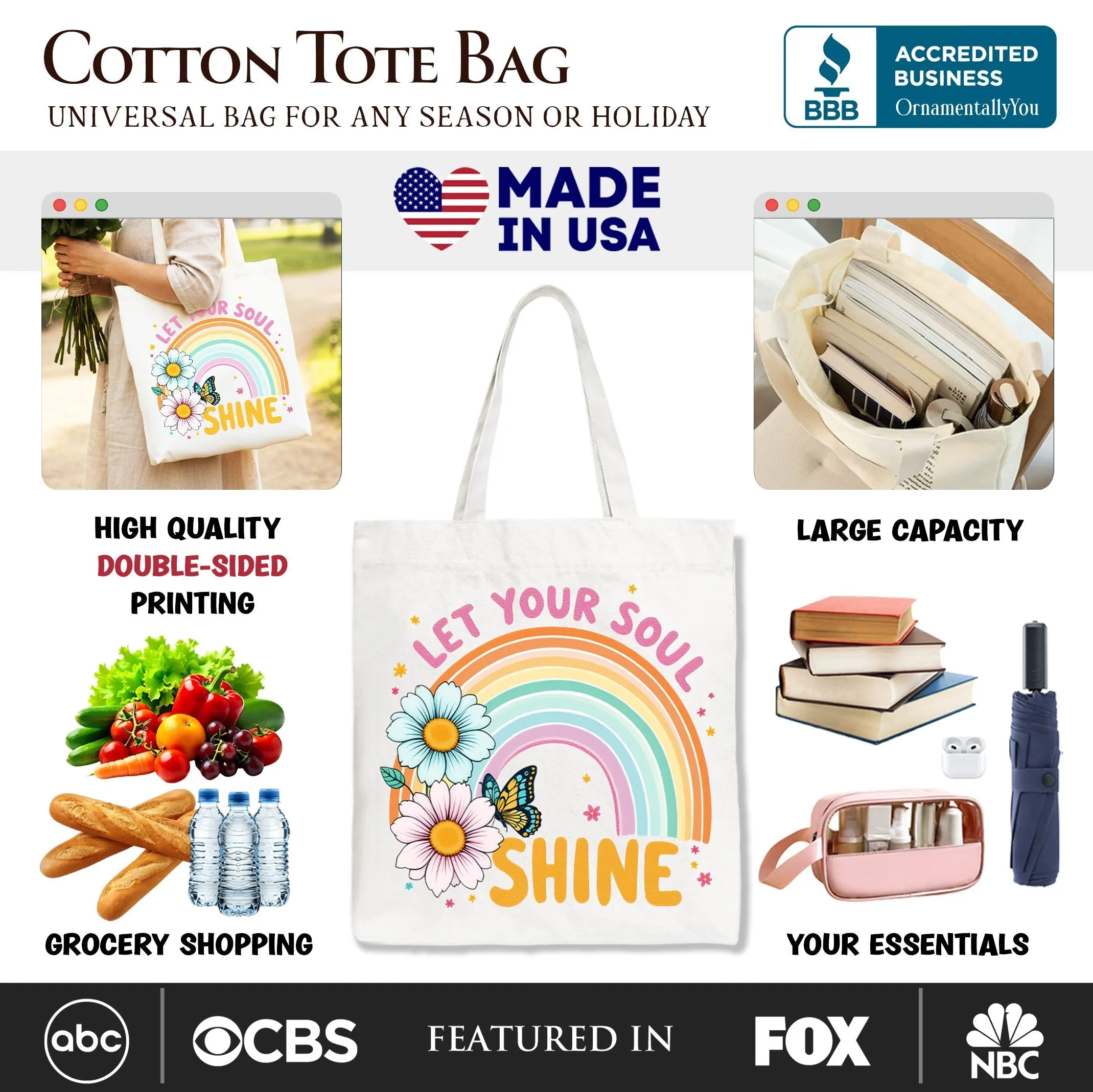 Let Your Soul Shine Rainbow Tote Bag, Retro Pastel Floral Feel Good Gift Shopper sold by Zulily product image thumbnail 2