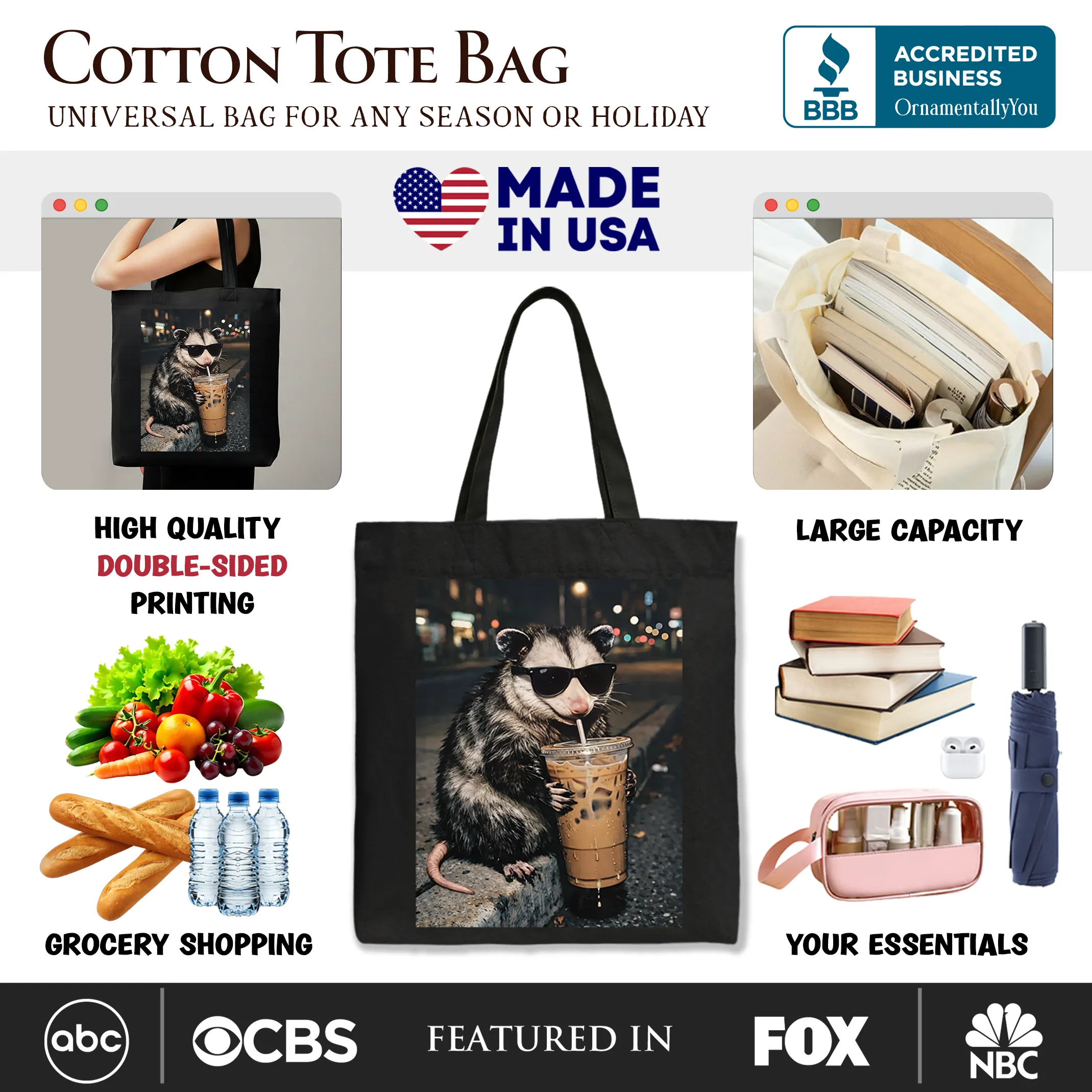 Iced Coffee Opossum Tote Bag, Funny Animal Meme Gift Shopper sold by Zulily product image thumbnail 2
