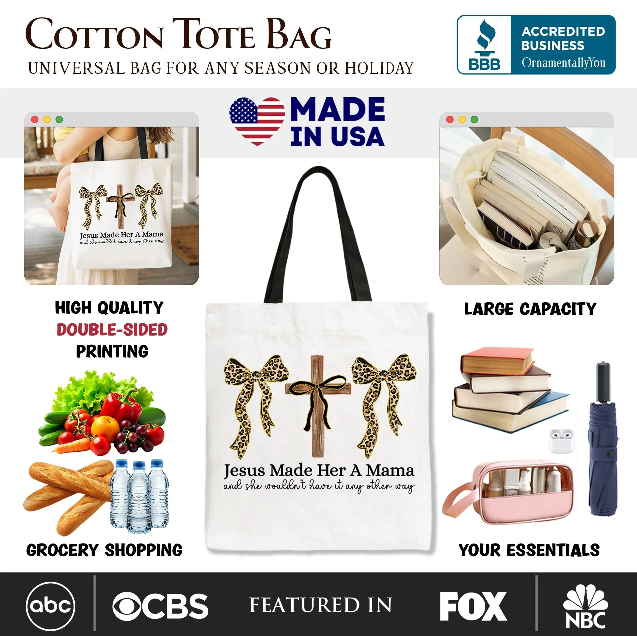 Jesus Made Her A Mama Tote Bag, Coquette Christian Leopard Bows Faith Gift Shopper sold by Zulily product image thumbnail 2