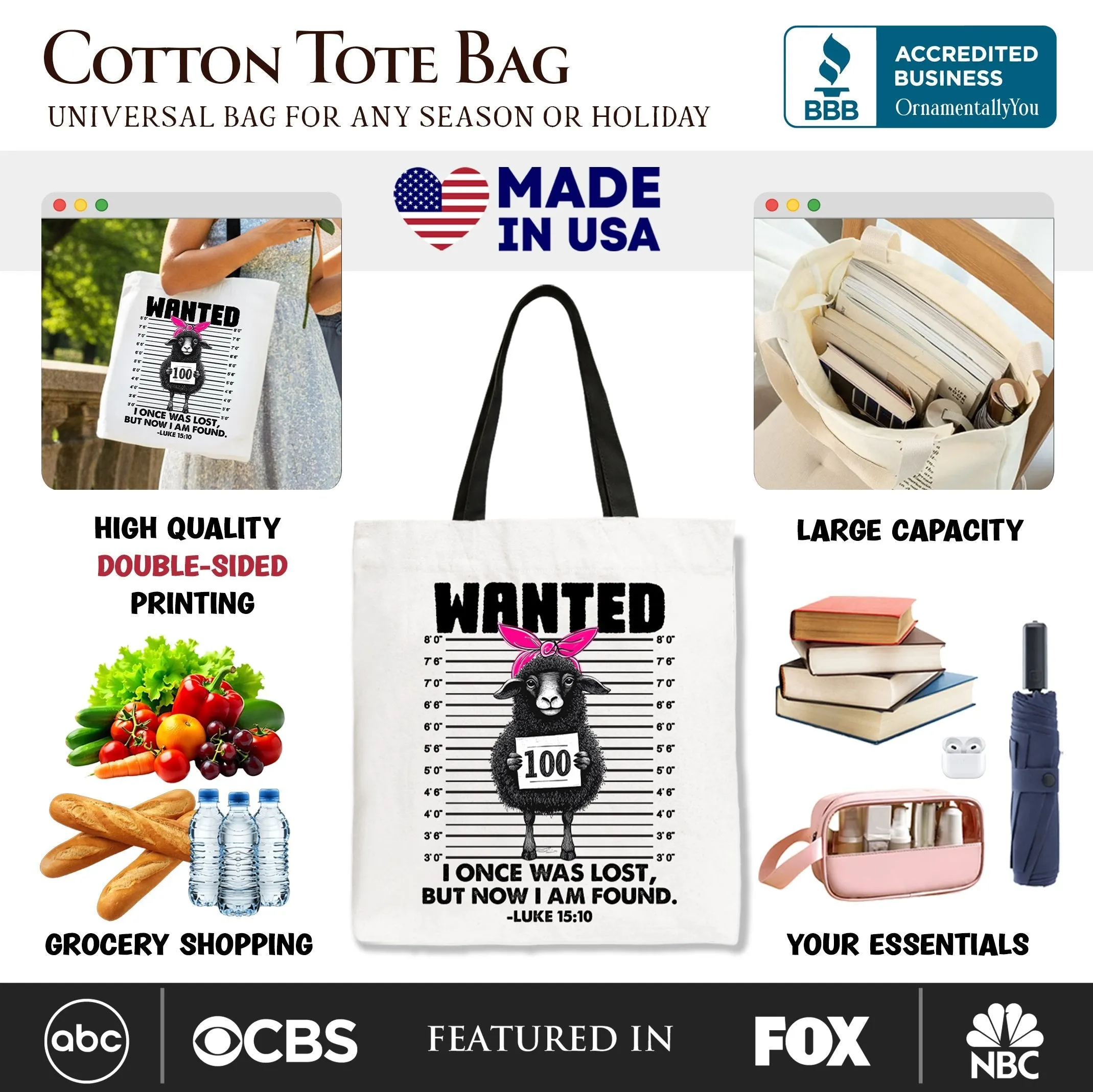 I Once Was Lost But Now I Am Found Luke 15:10 Christian Tote Bag, Wanted Black Sheep Gift Shopper sold by Zulily product image thumbnail 2