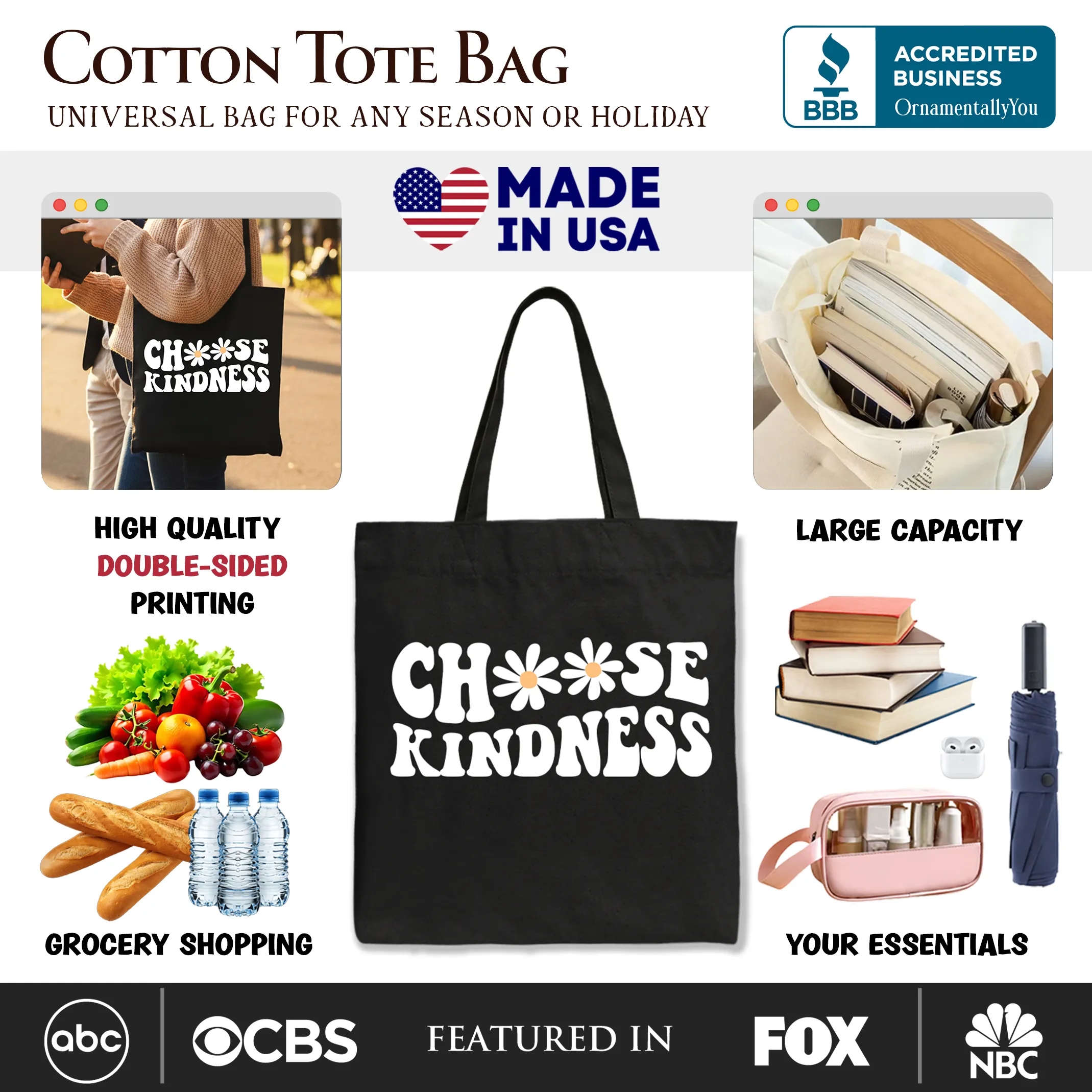Choose Kindness Daisies Tote Bag, Retro Groovy Positive Quote Gift Shopper sold by Zulily product image thumbnail 2