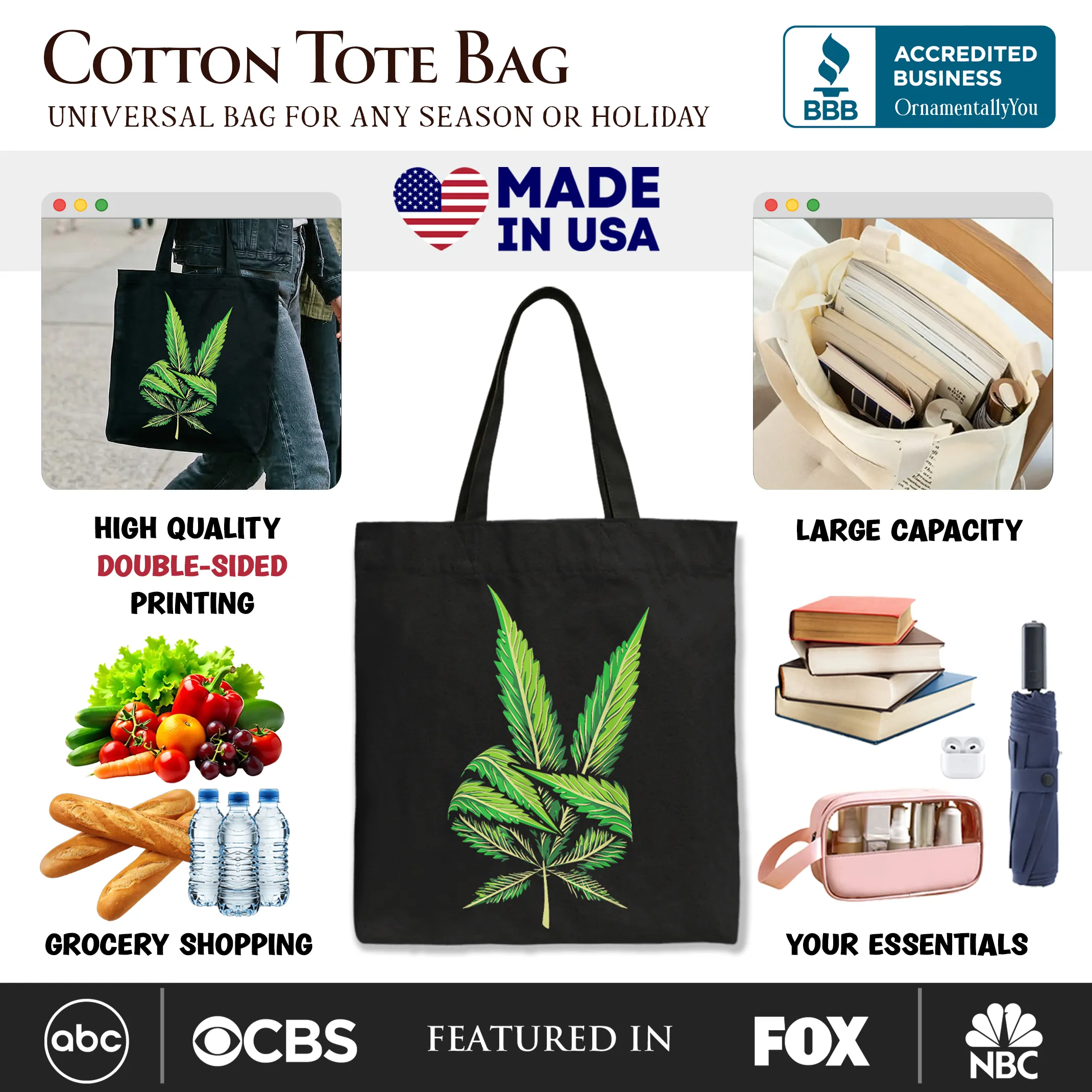 Weed Leaf Peace Sign Tote Bag, Funny 420 Stoner Gift Shopper sold by Zulily product image thumbnail 2