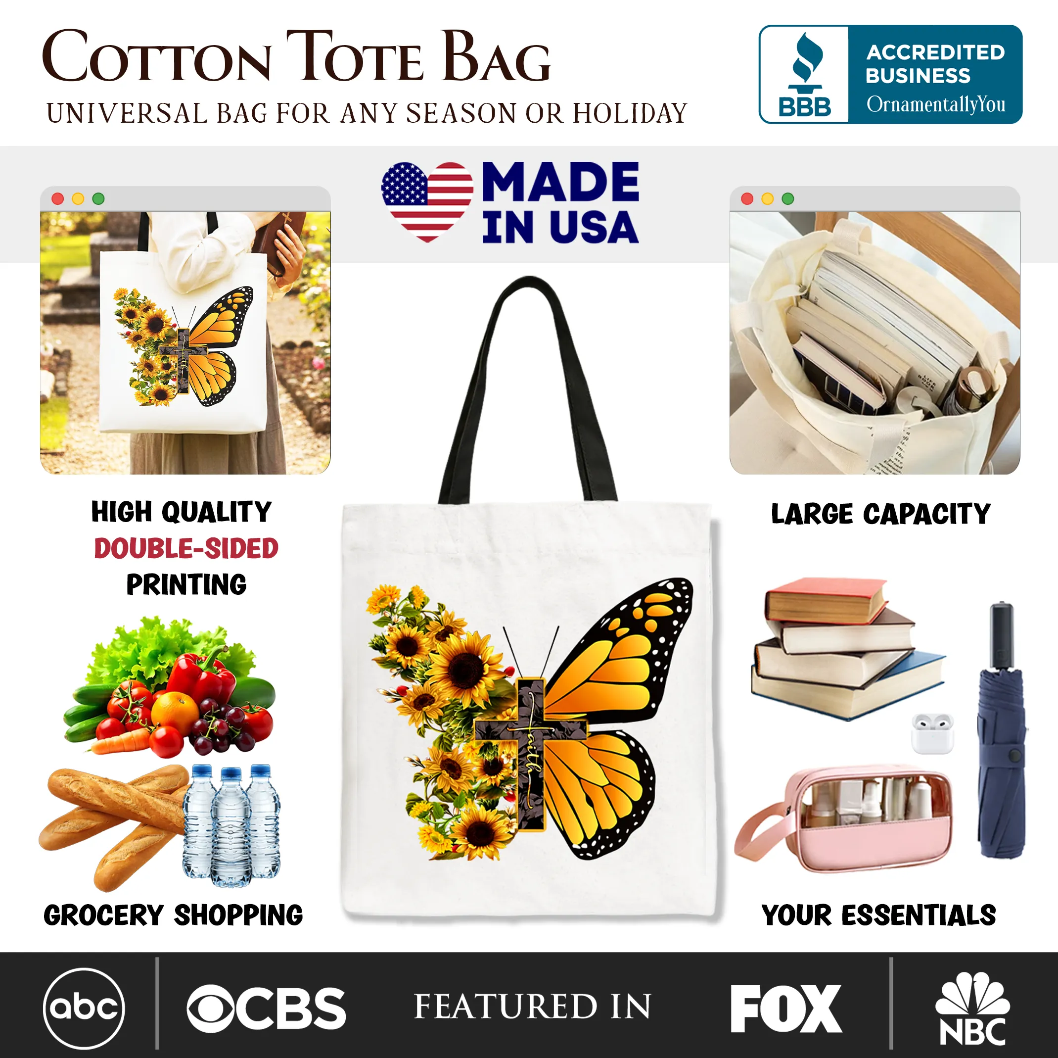 Faith Cross Butterfly Tote Bag, Christian Sunflower Floral Gift Shopper sold by Zulily product image thumbnail 2