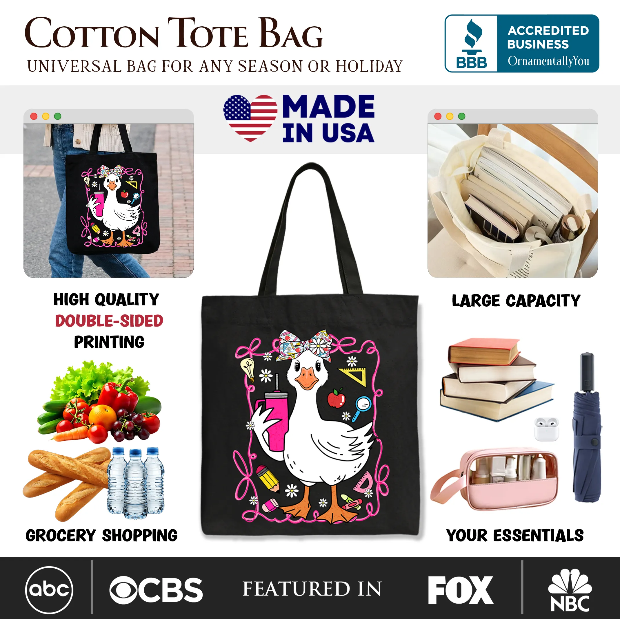 Coquette Teacher Goose Tote Bag, Funny Classroom Gift Shopper for Educators sold by Zulily product image thumbnail 2