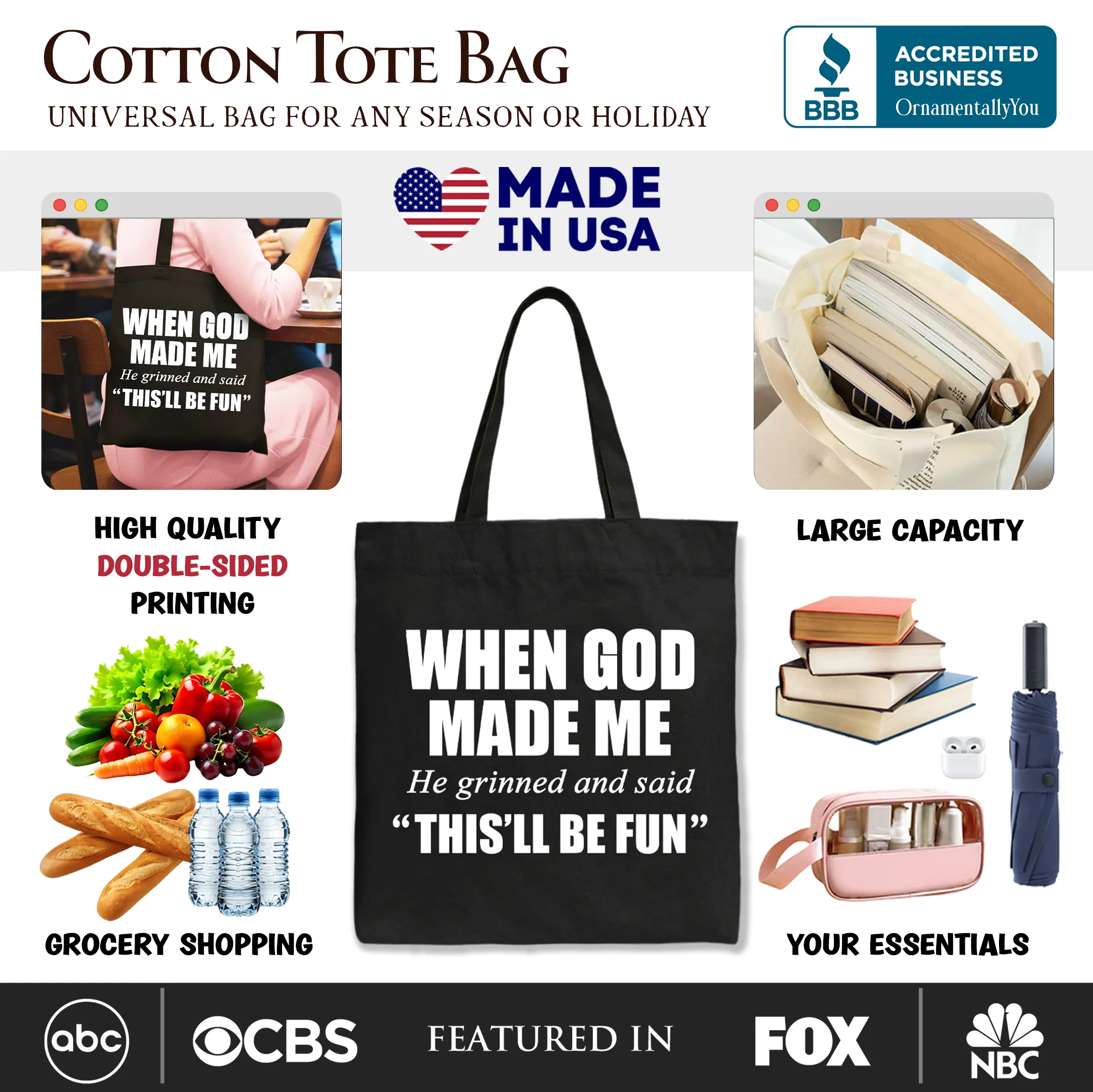 When God Made Me Christian Tote Bag, Funny Faith Gift Shopper sold by Zulily product image thumbnail 2