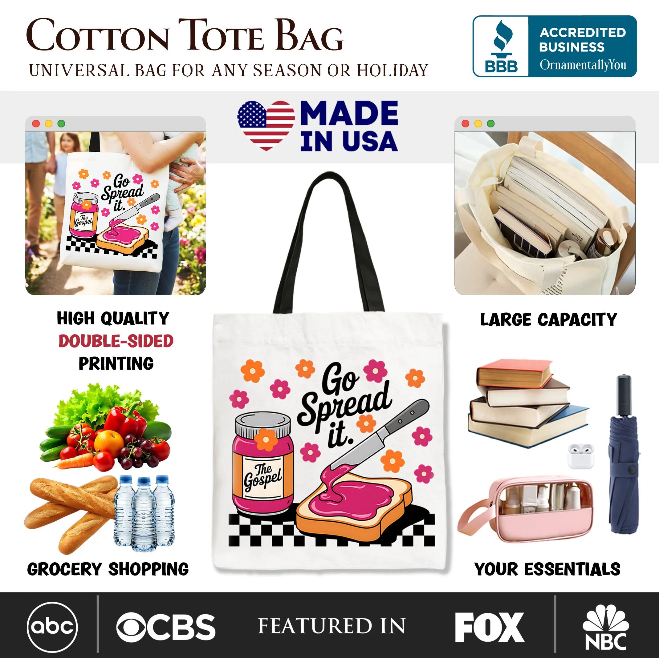 Go Spread It Christian Tote Bag, Cute Gospel Jam and Toast Gift Shopper sold by Zulily product image thumbnail 2