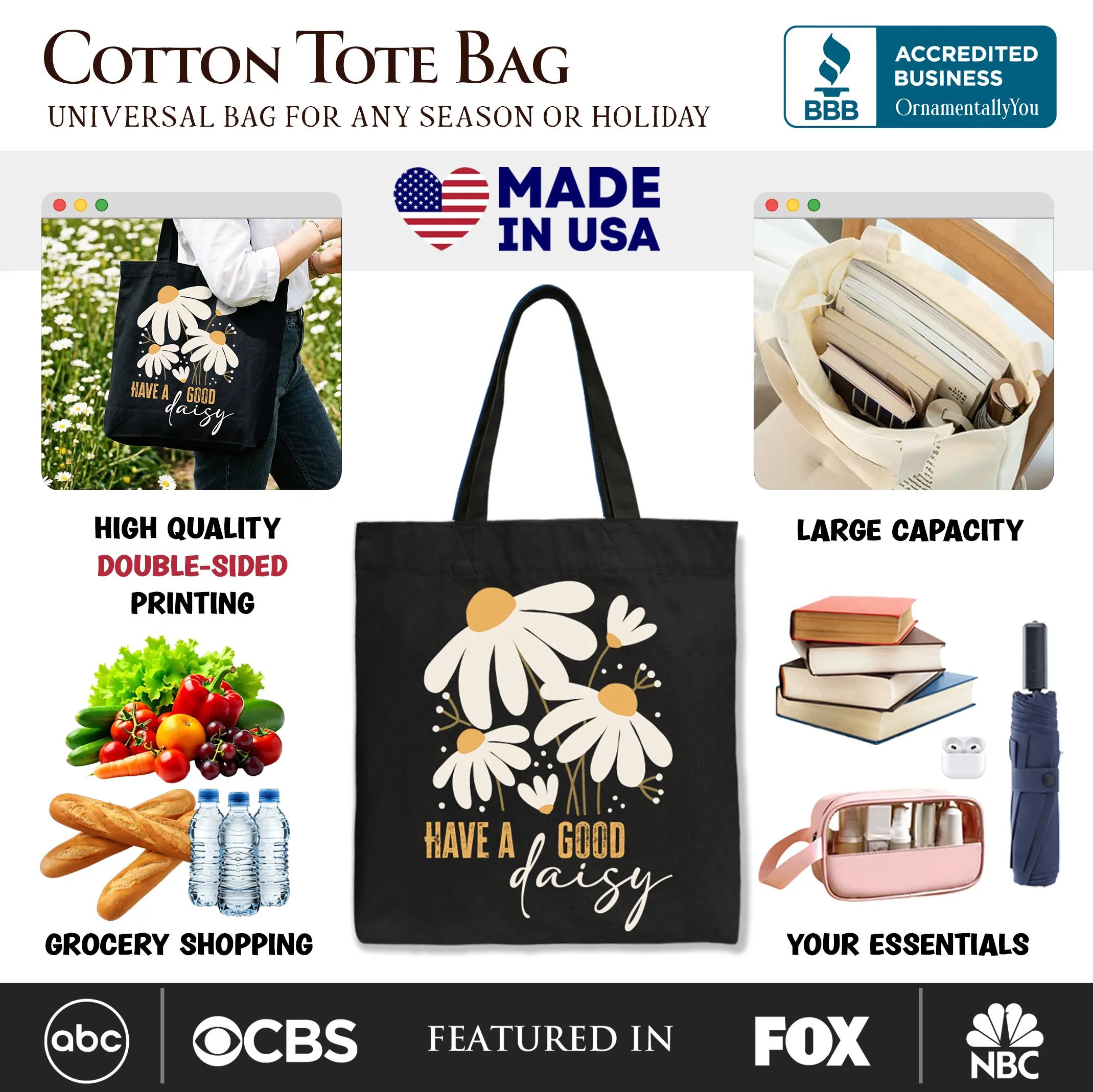 Have a Good Daisy Tote Bag, Floral Gift Shopper with Positive Retro Vibes sold by Zulily product image thumbnail 2