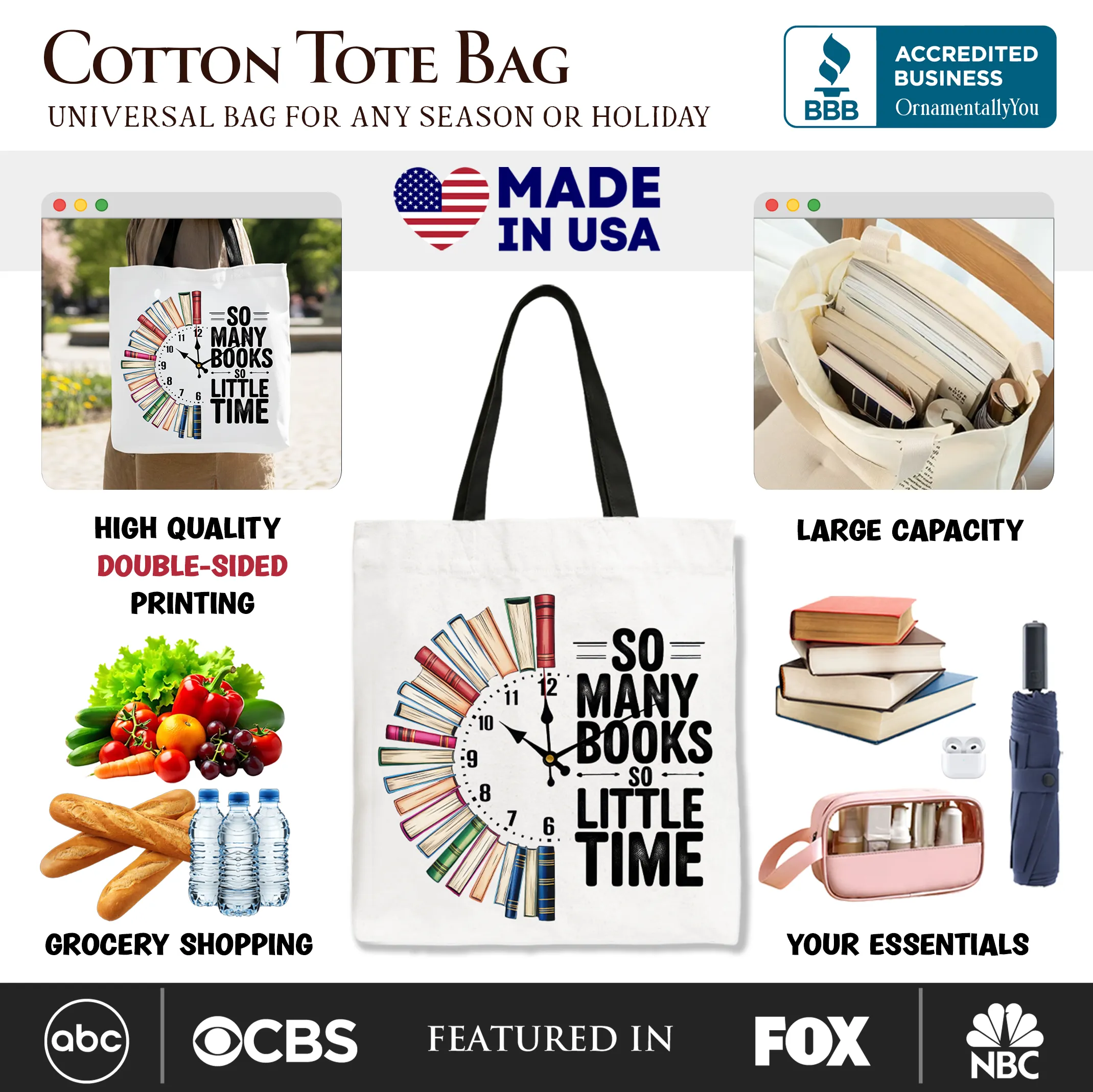 So Many Books So Little Time Tote Bag, Funny Book Lover Gift Shopper sold by Zulily product image thumbnail 2