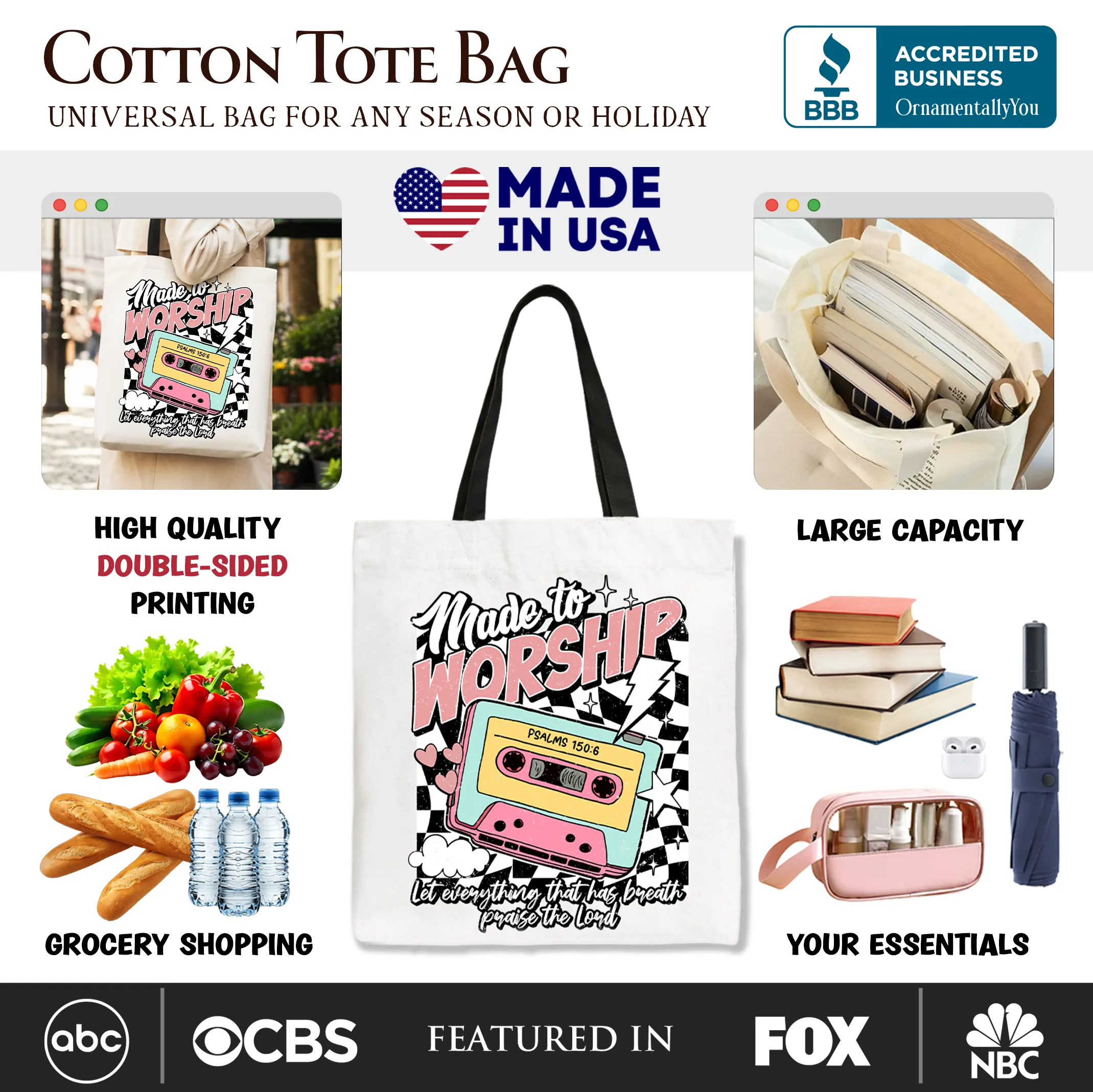 Made to Worship Christian Retro Tote Bag, Psalm 150:6 Bible Verse Gift Shopper sold by Zulily product image thumbnail 2