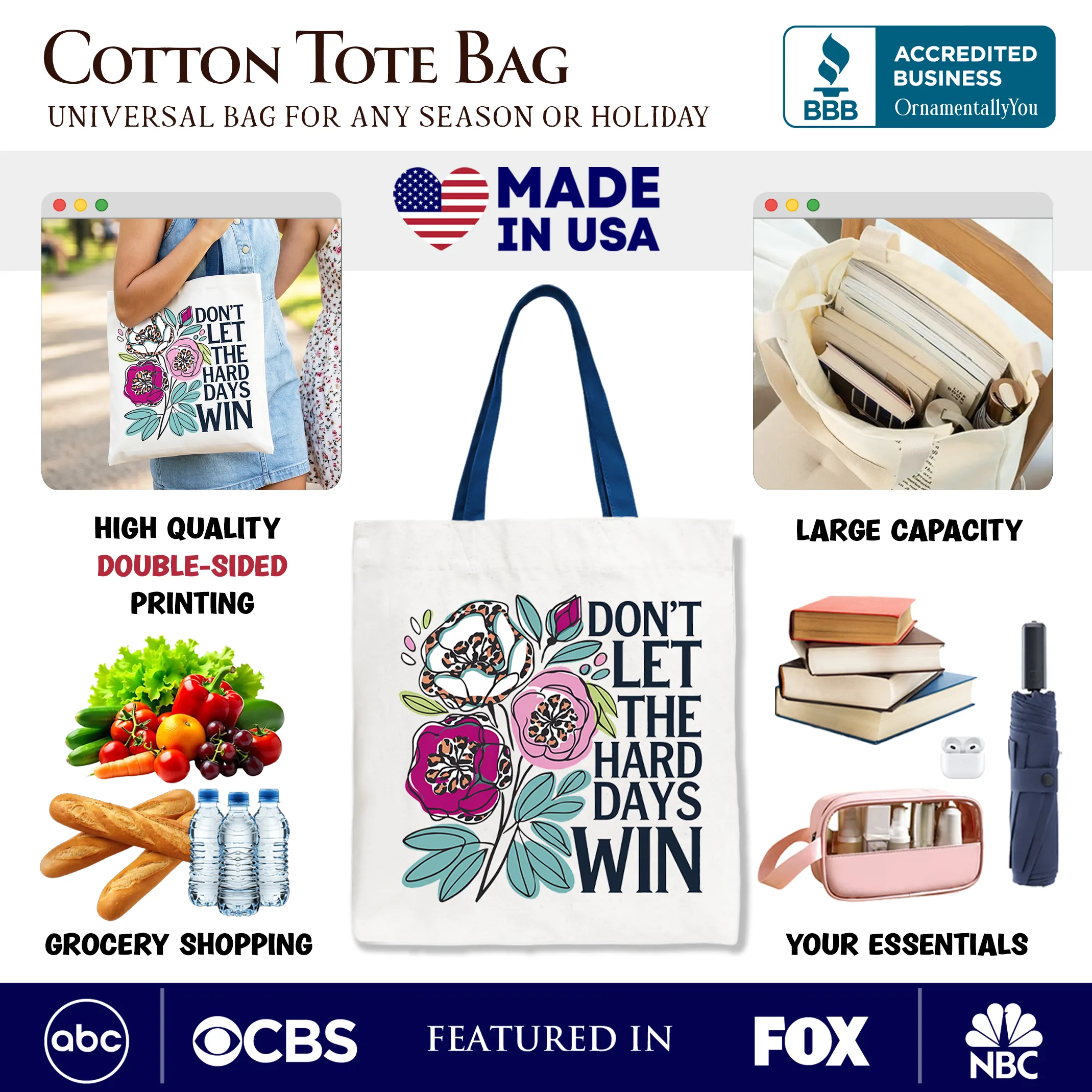 Don’t Let The Hard Days Win Mental Health Tote Bag, Floral Positive Affirmation Gift Shopper sold by Zulily product image thumbnail 2