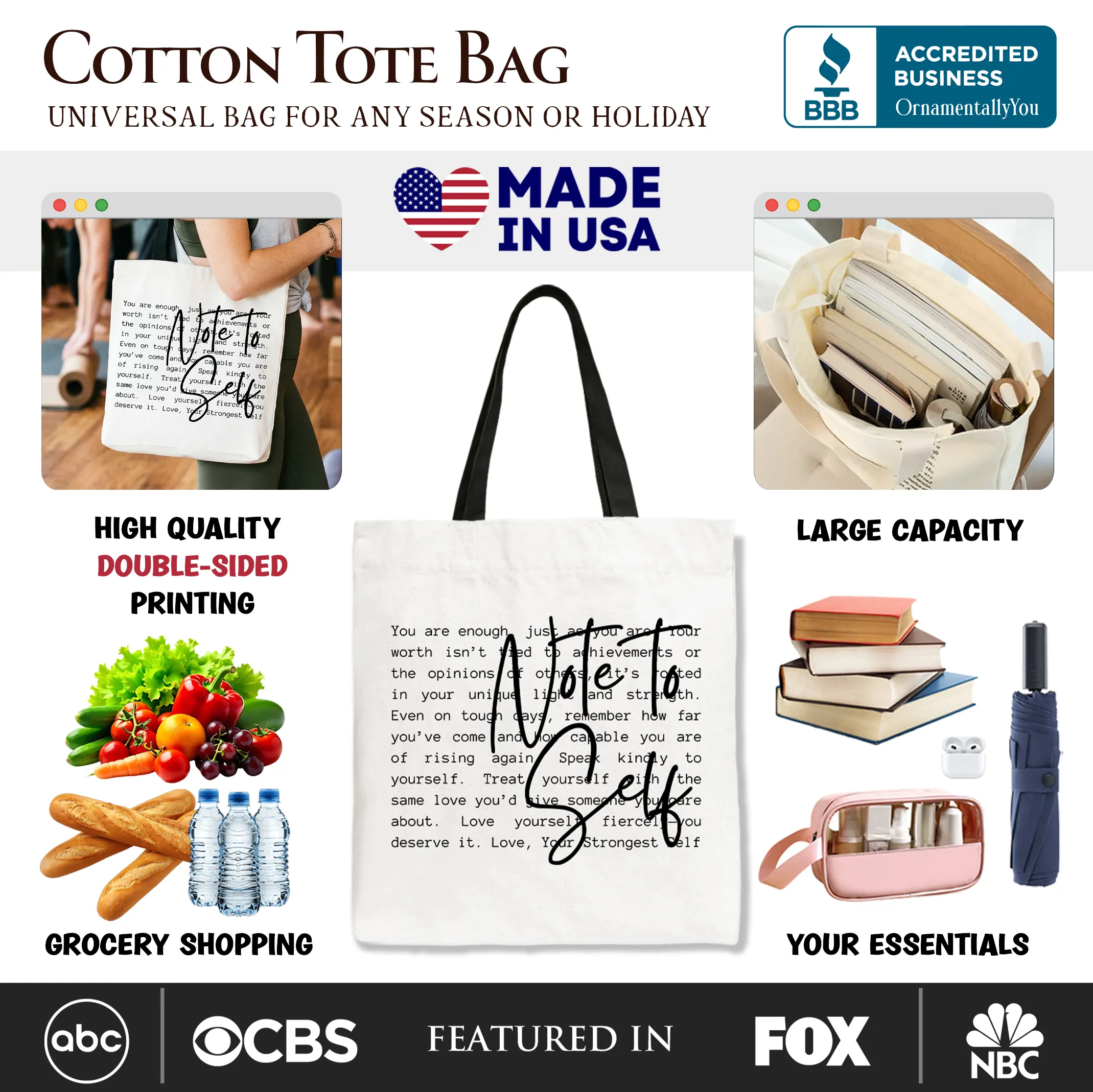 Note To Self Mental Health Tote Bag, Motivational Definition Gift Shopper sold by Zulily product image thumbnail 2