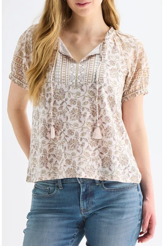 Lucky Brand Women's Short Sleeve Notch Neck - Pink Multi made by Lucky Brand