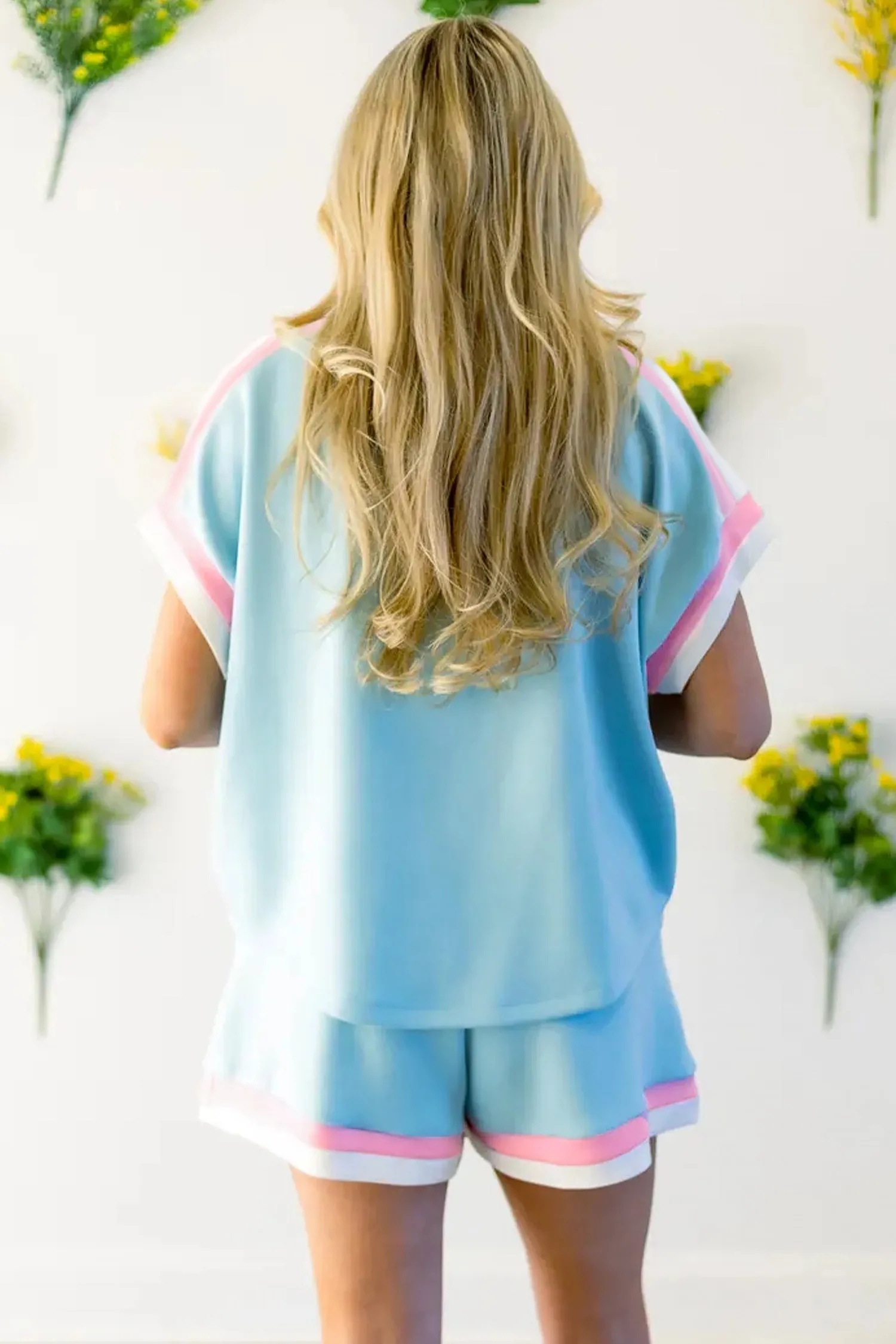 Mist Blue Striped Trim Casual Tee Drawstring Shorts 2pcs Set sold by Zulily product image thumbnail 2