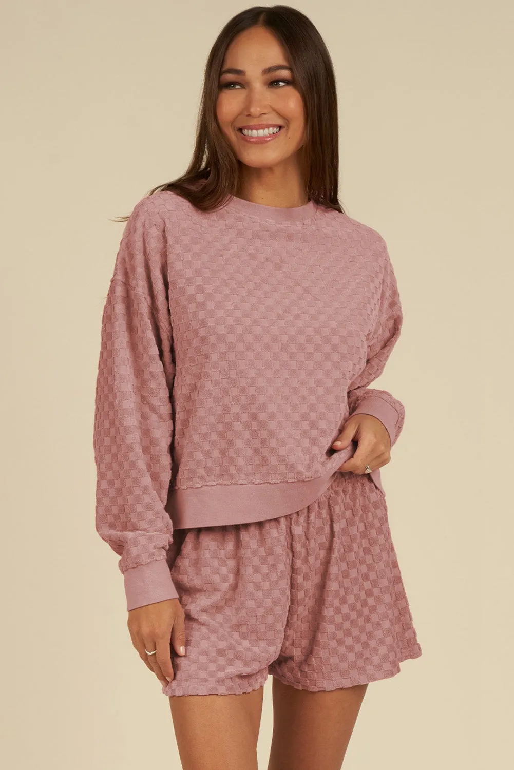Blossom Checkered Textured Long Sleeve Top and Shorts Set sold by Zulily product image thumbnail 4
