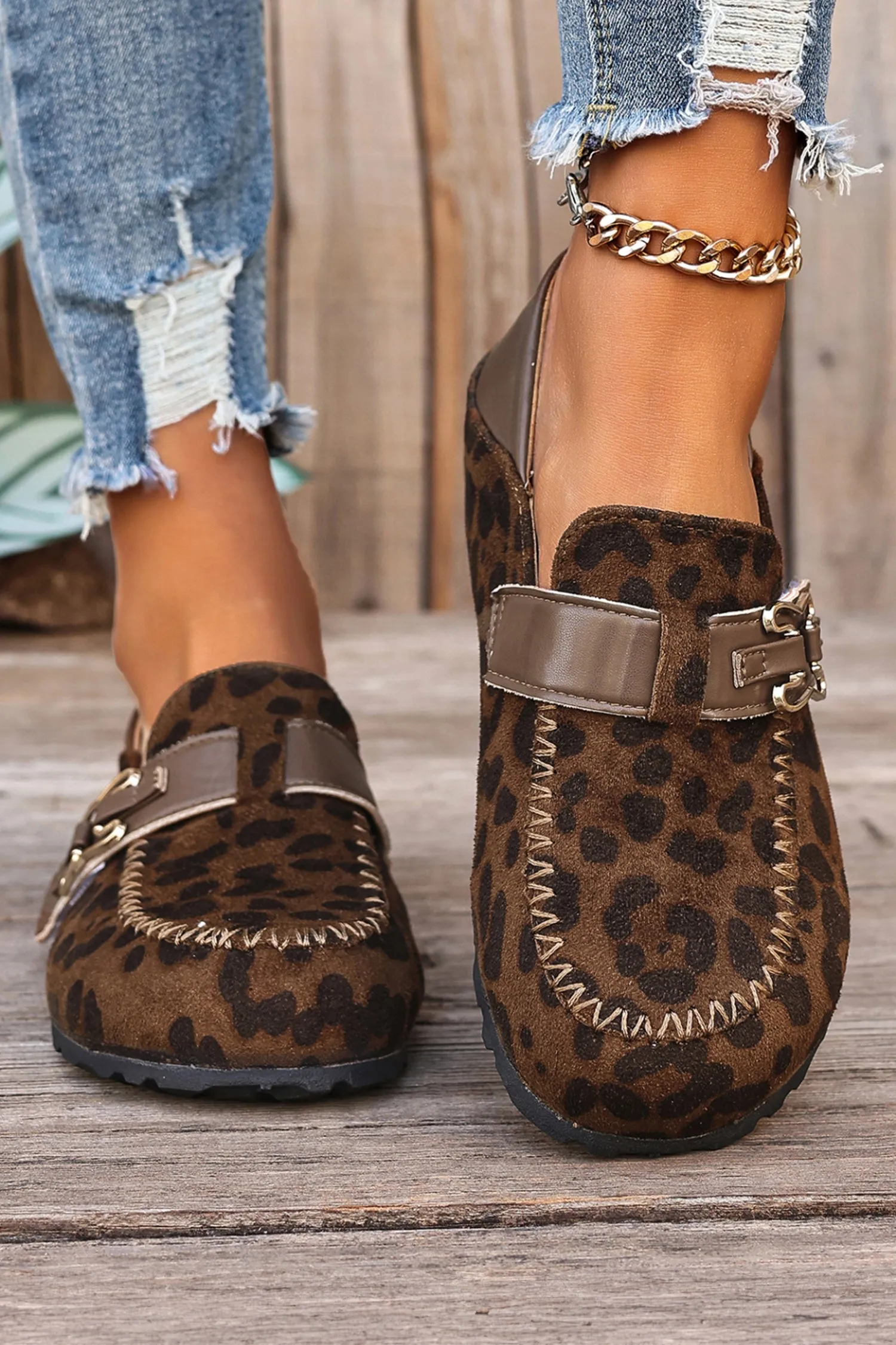 Coffee Faux Suede PU Leather Patchwork Retro Buckle Slip On Shoes sold by Zulily product image thumbnail 4