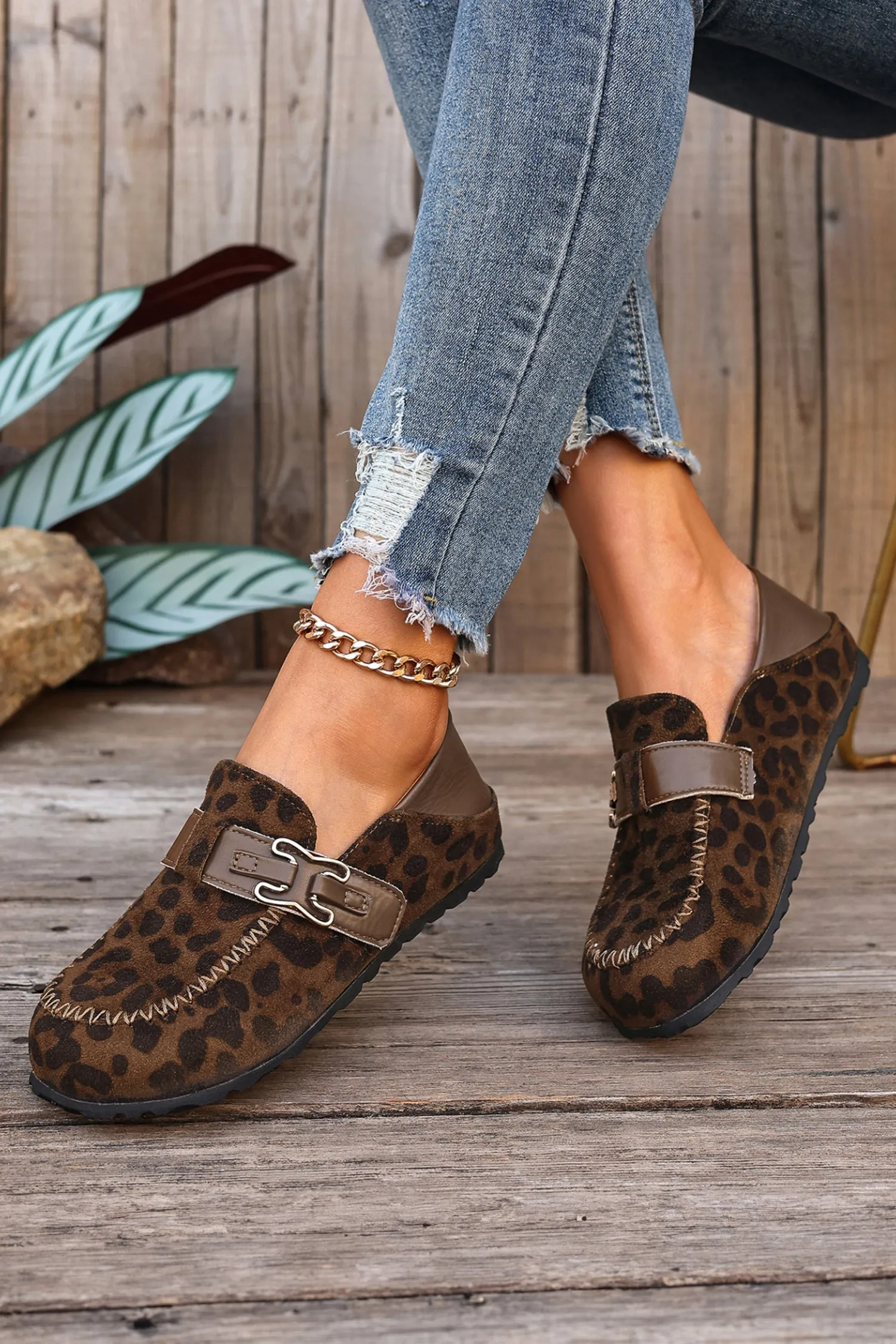 Coffee Faux Suede PU Leather Patchwork Retro Buckle Slip On Shoes sold by Zulily product image thumbnail 5