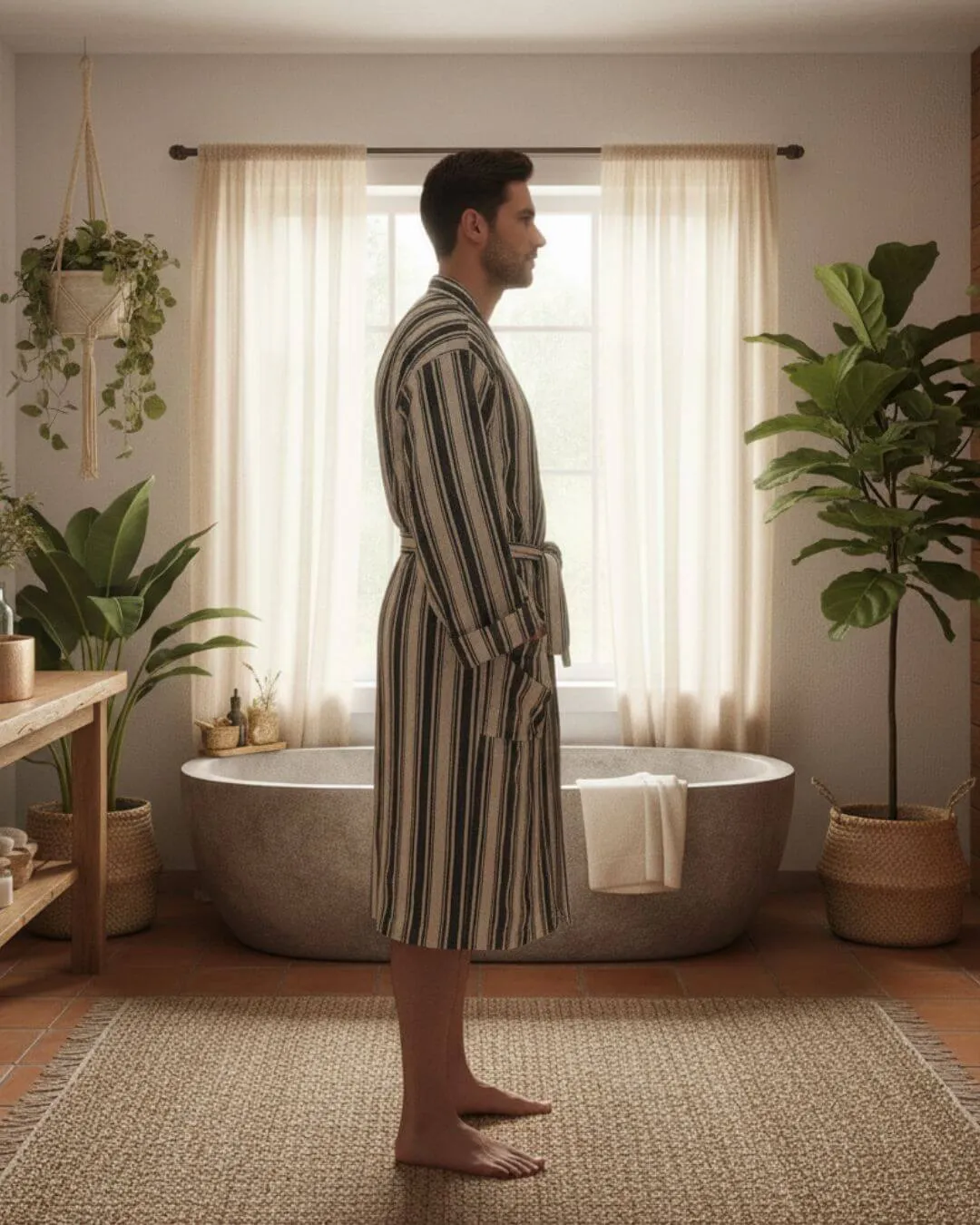 Cotton Linen Blend Kimono Bathrobe – Lightweight Unisex Robe sold by Zulily product image thumbnail 4