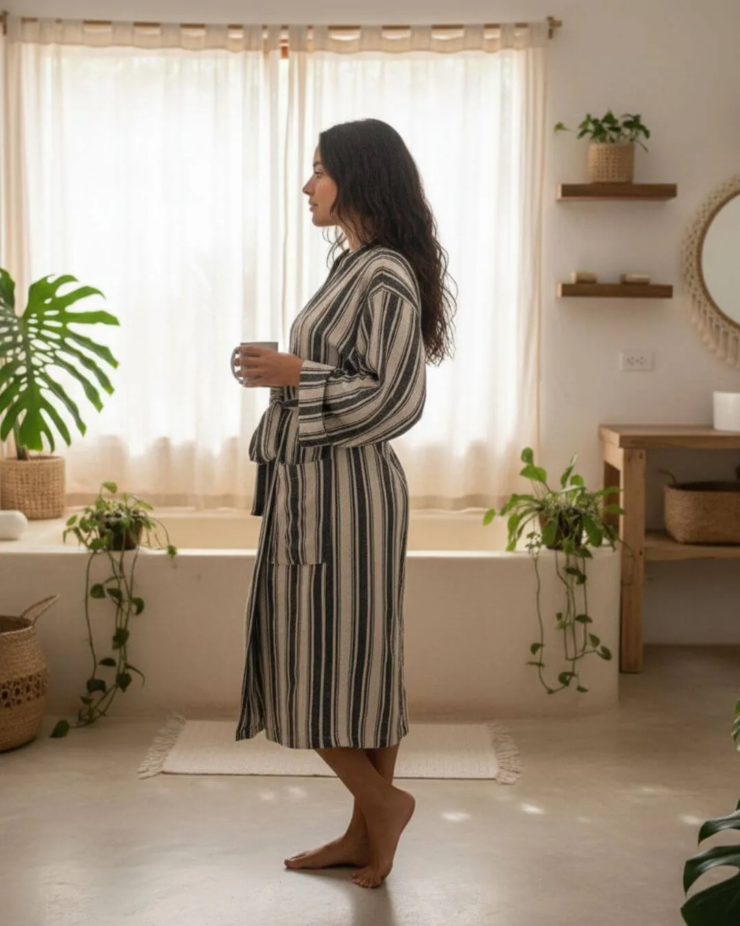 Cotton Linen Blend Kimono Bathrobe – Lightweight Unisex Robe sold by Zulily product image thumbnail 5