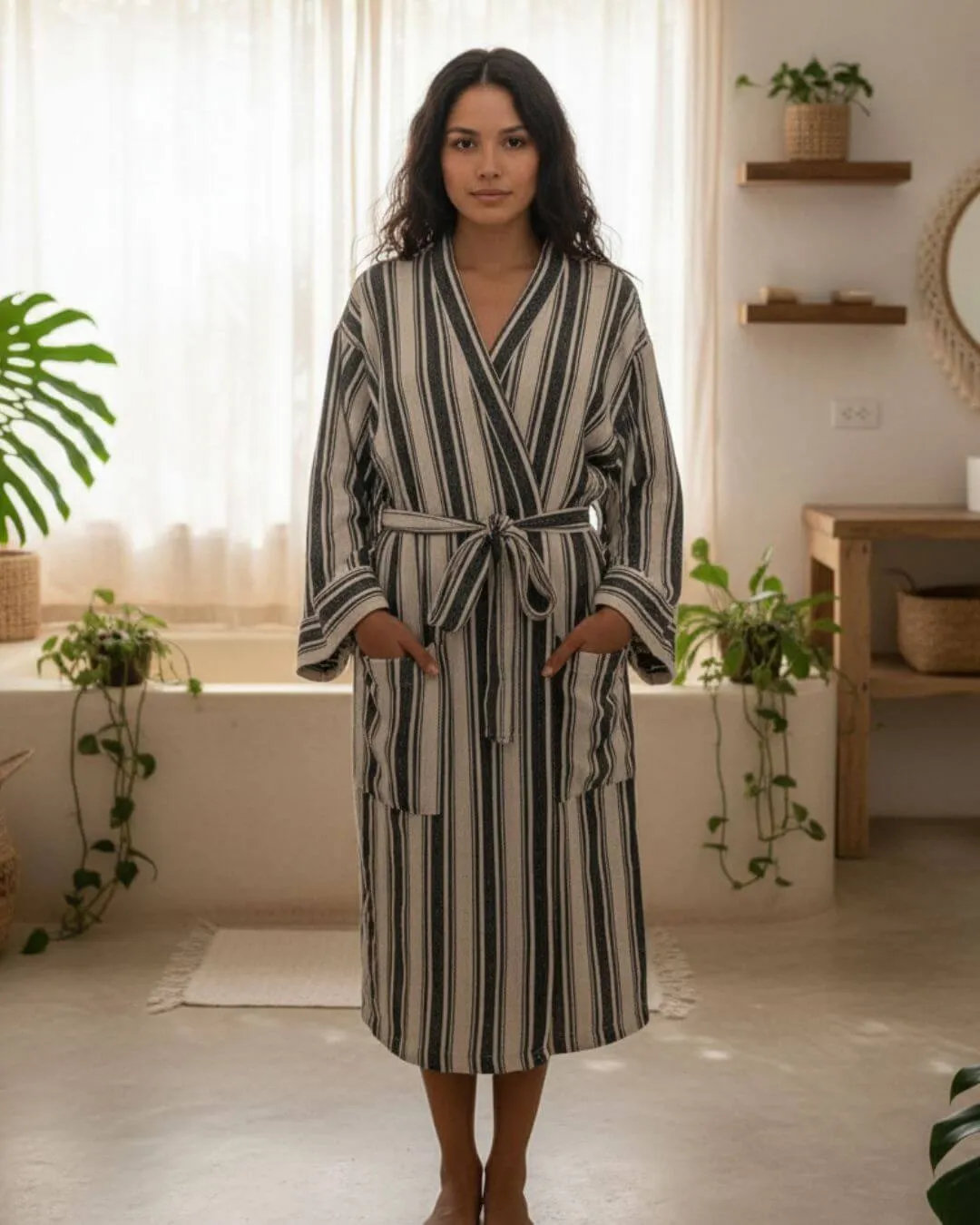 Cotton Linen Blend Kimono Bathrobe – Lightweight Unisex Robe sold by Zulily product image thumbnail 2