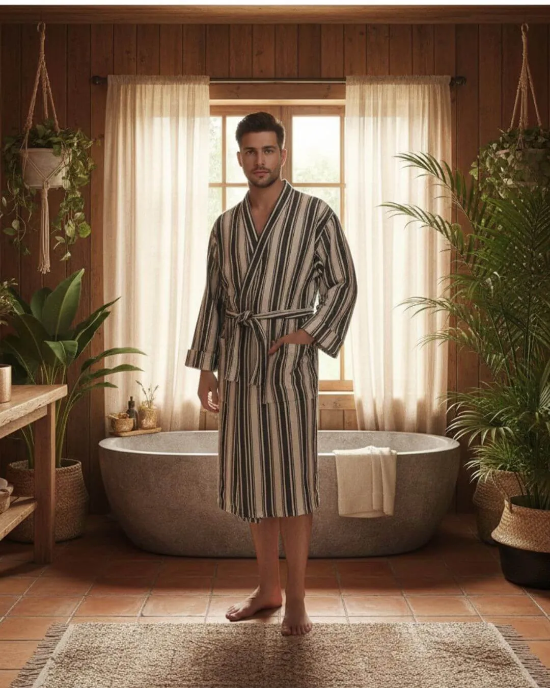 Cotton Linen Blend Kimono Bathrobe – Lightweight Unisex Robe sold by Zulily product image thumbnail 3