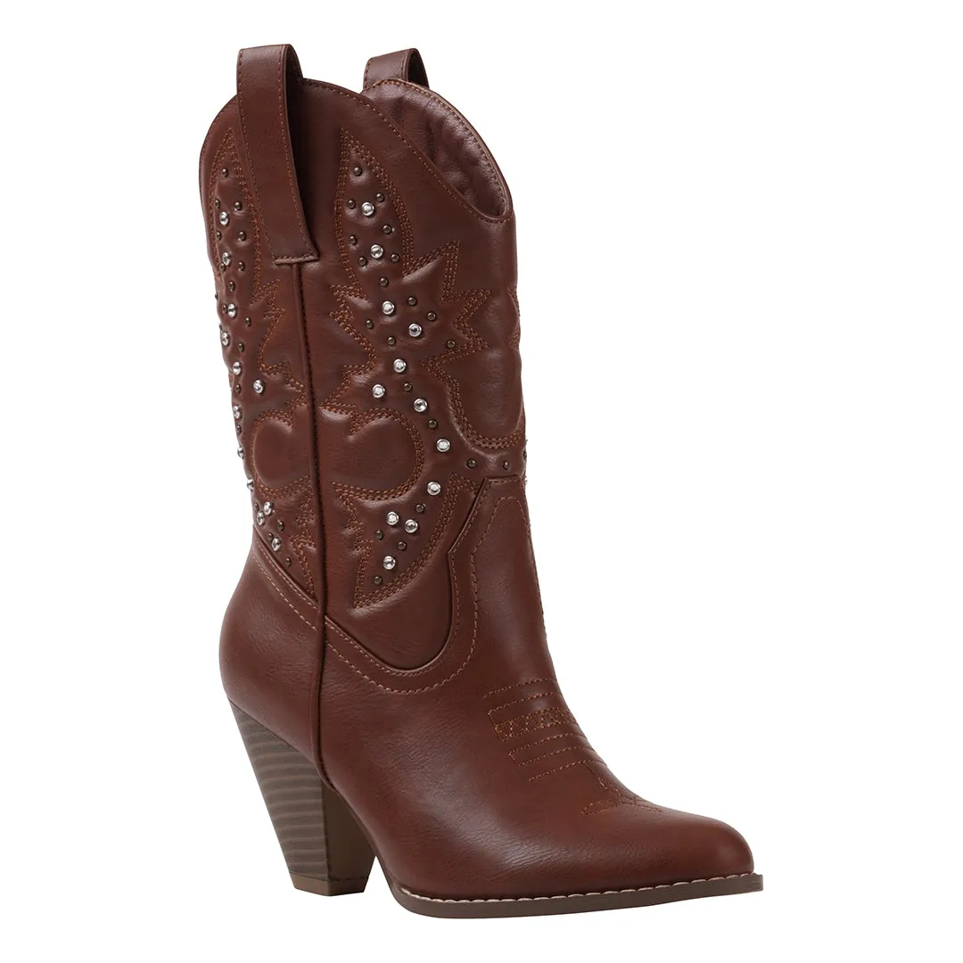 Beth Cognac Booties with Rhinestones sold by Zulily