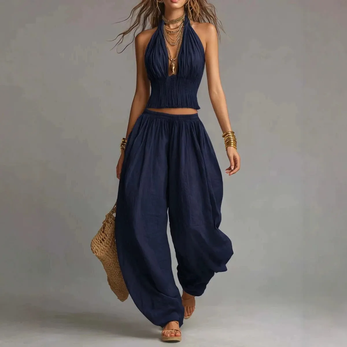 Women's Sleeveless Backless Halter Top & Wide-Leg Pants Set sold by Zulily product image thumbnail 5