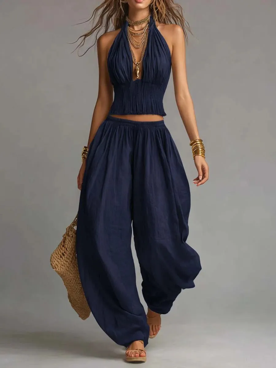 Women's Sleeveless Backless Halter Top & Wide-Leg Pants Set sold by Zulily product image thumbnail 3