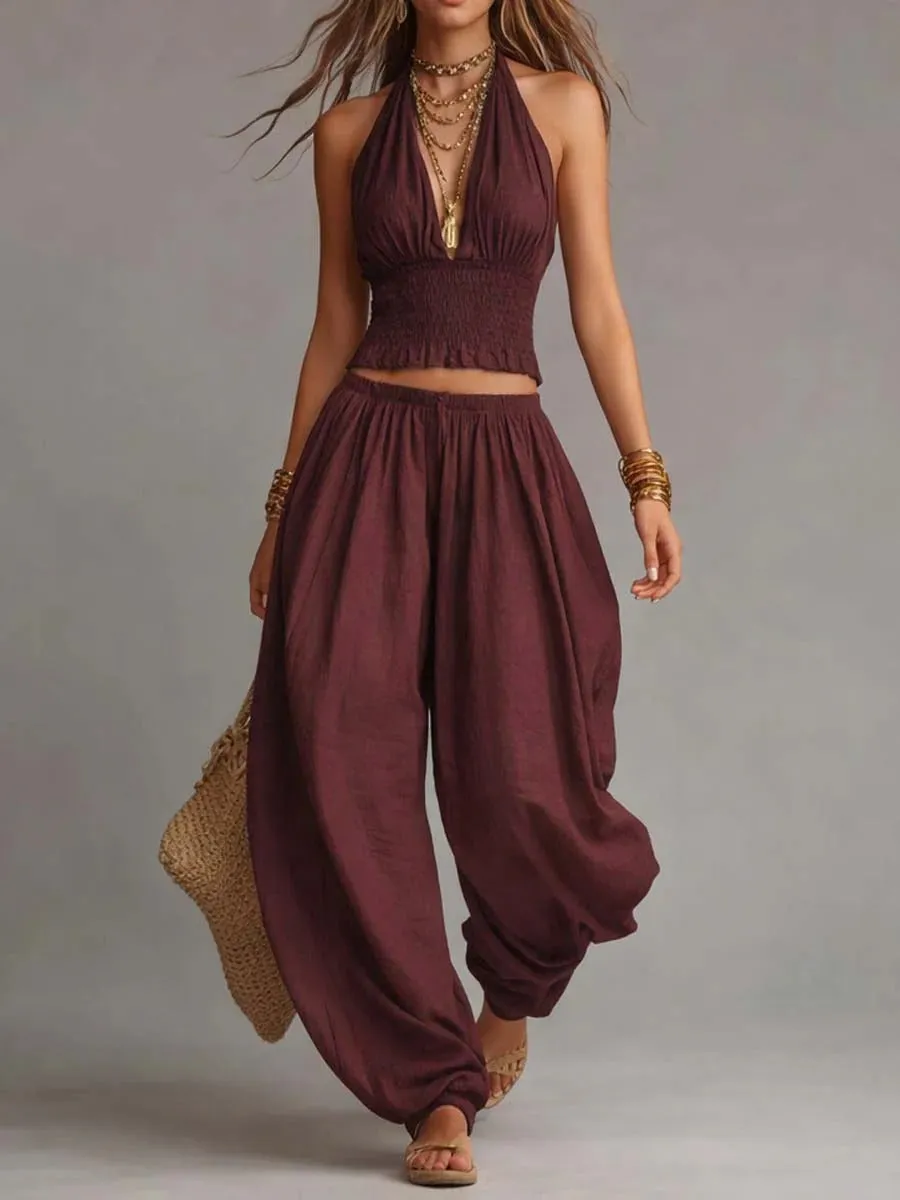 Women's Sleeveless Backless Halter Top & Wide-Leg Pants Set sold by Zulily product image thumbnail 4