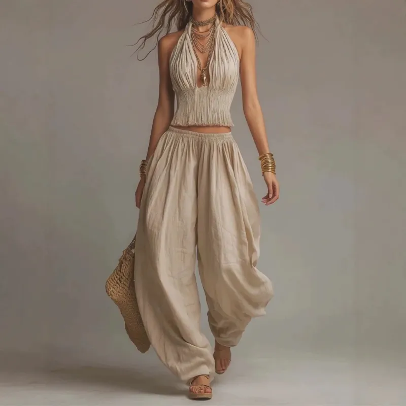 Women's Sleeveless Backless Halter Top & Wide-Leg Pants Set made by Zulily