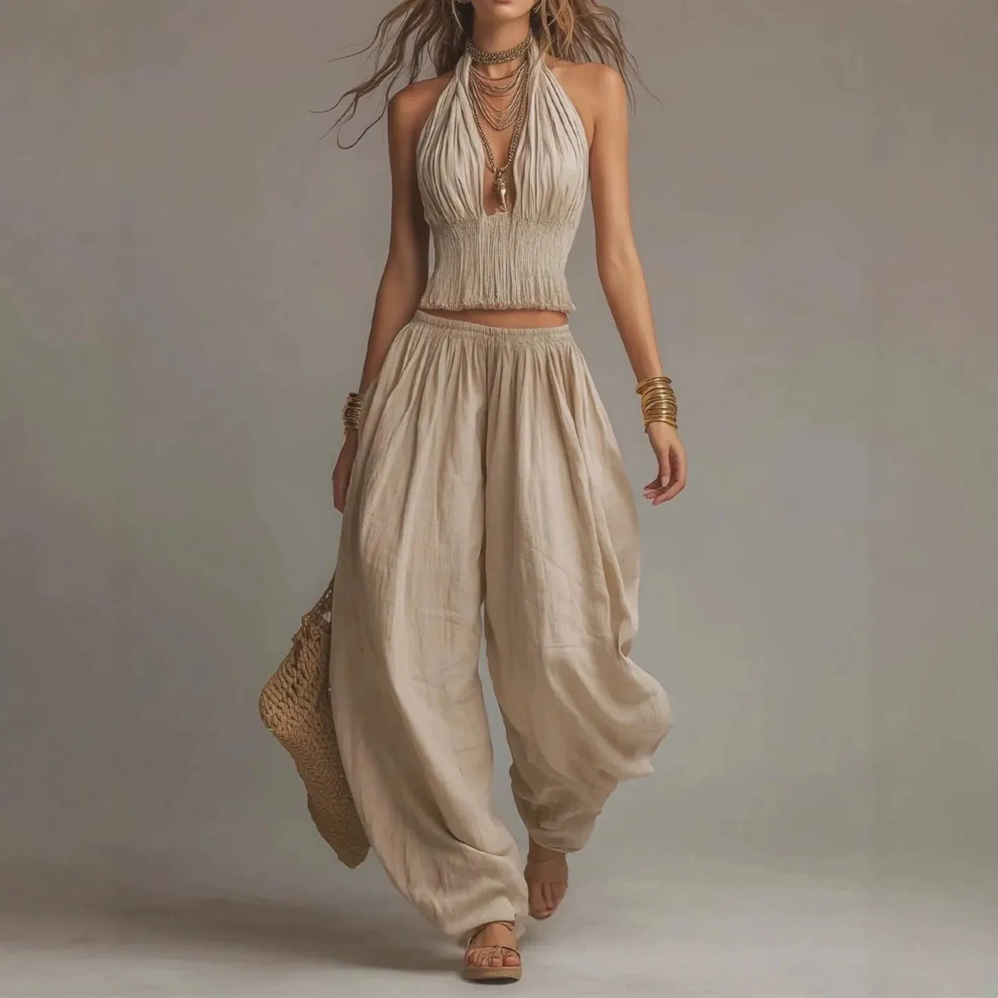 Women's Sleeveless Backless Halter Top & Wide-Leg Pants Set sold by Zulily