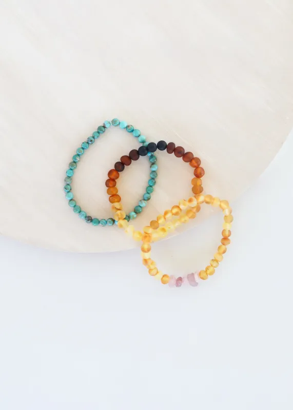 Natural Turquoise + Ombre + Raw Amber with Rose Quartz || Adult Bracelet Set made by Zulily