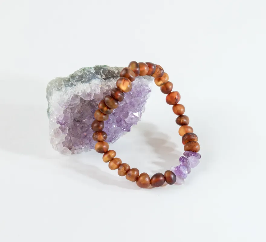 Raw Cognac Baltic Amber + Raw Amethyst || Adult Bracelet made by Zulily
