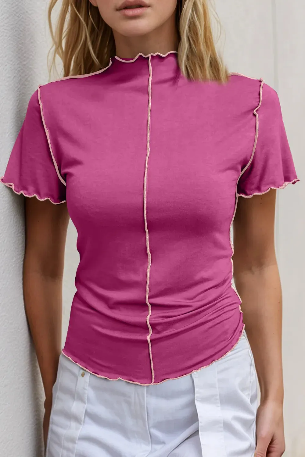 Basic Bae Contrast Trim Mock Neck Short Sleeve T-Shirt sold by Zulily product image thumbnail 5